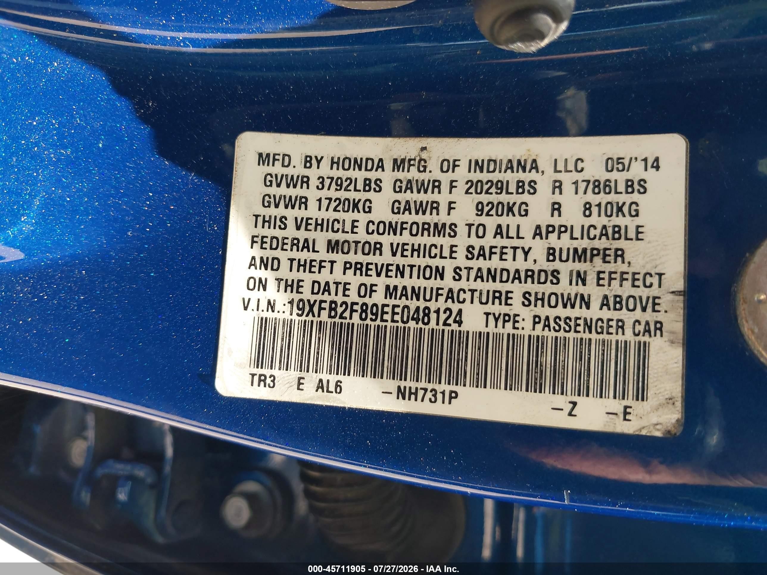 2014 Honda Civic Ex Синий vin: 19XFB2F89EE048124