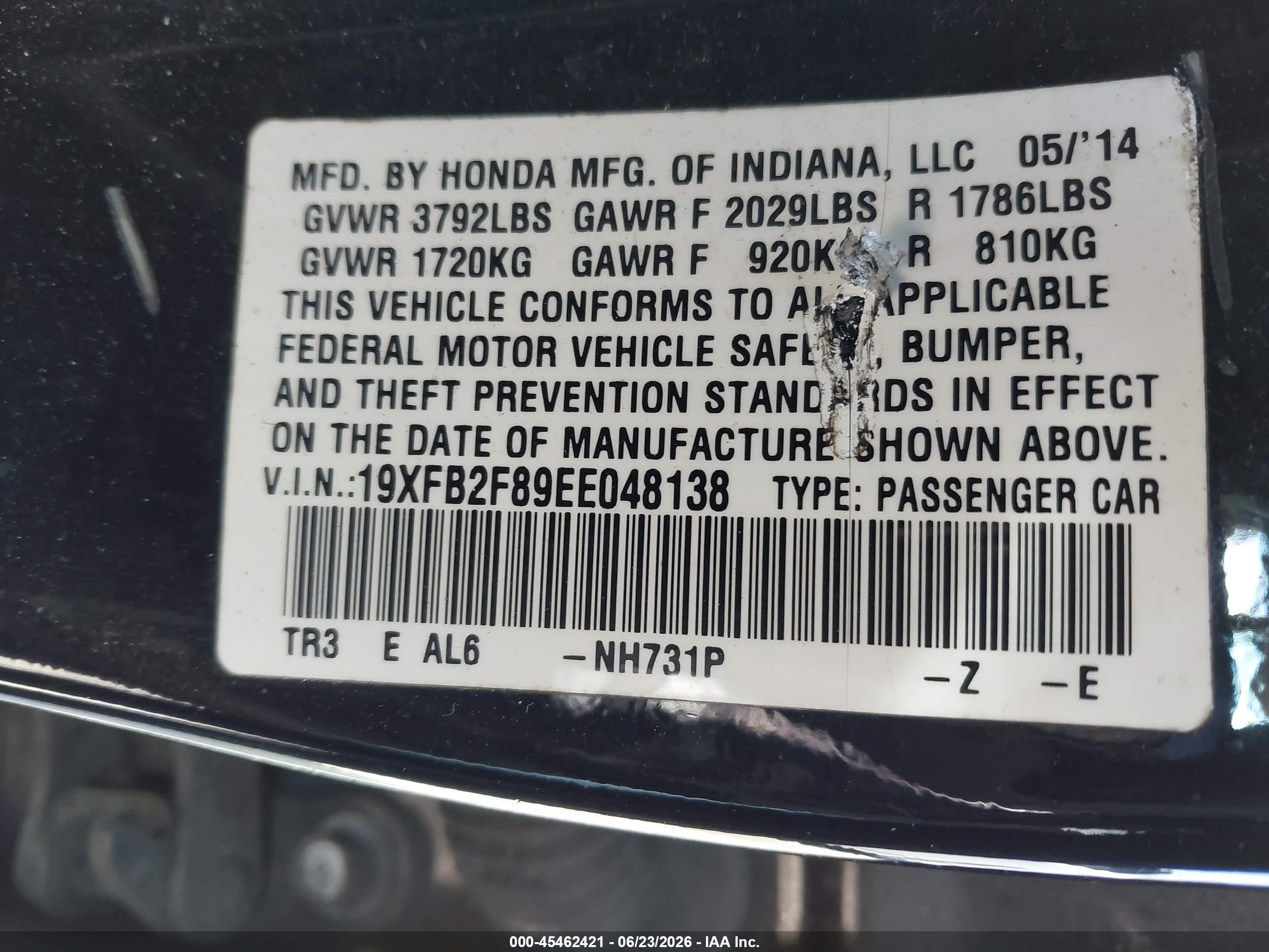 2014 Honda Civic Ex Black vin: 19XFB2F89EE048138