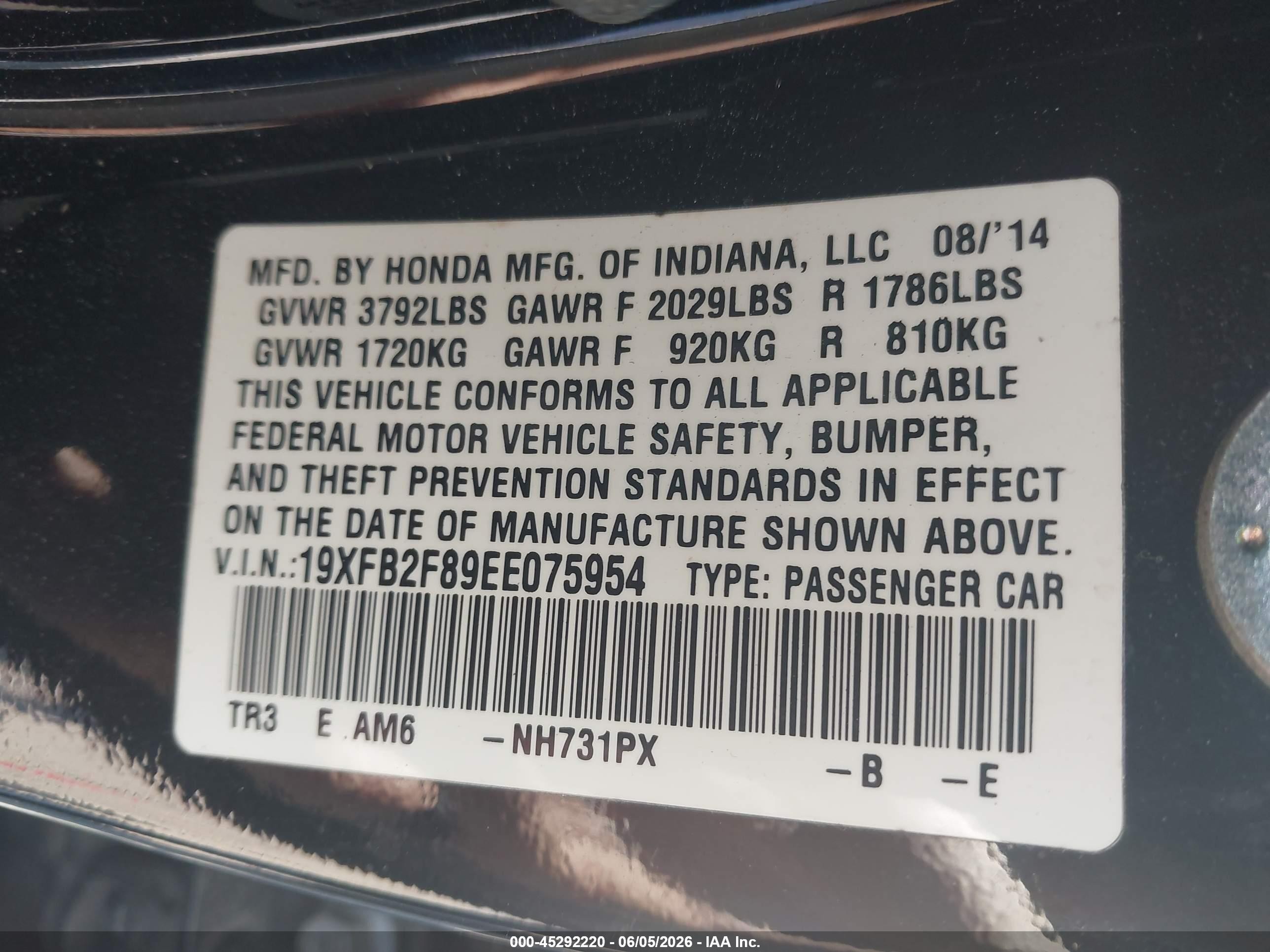 2014 Honda Civic Ex Black vin: 19XFB2F89EE075954
