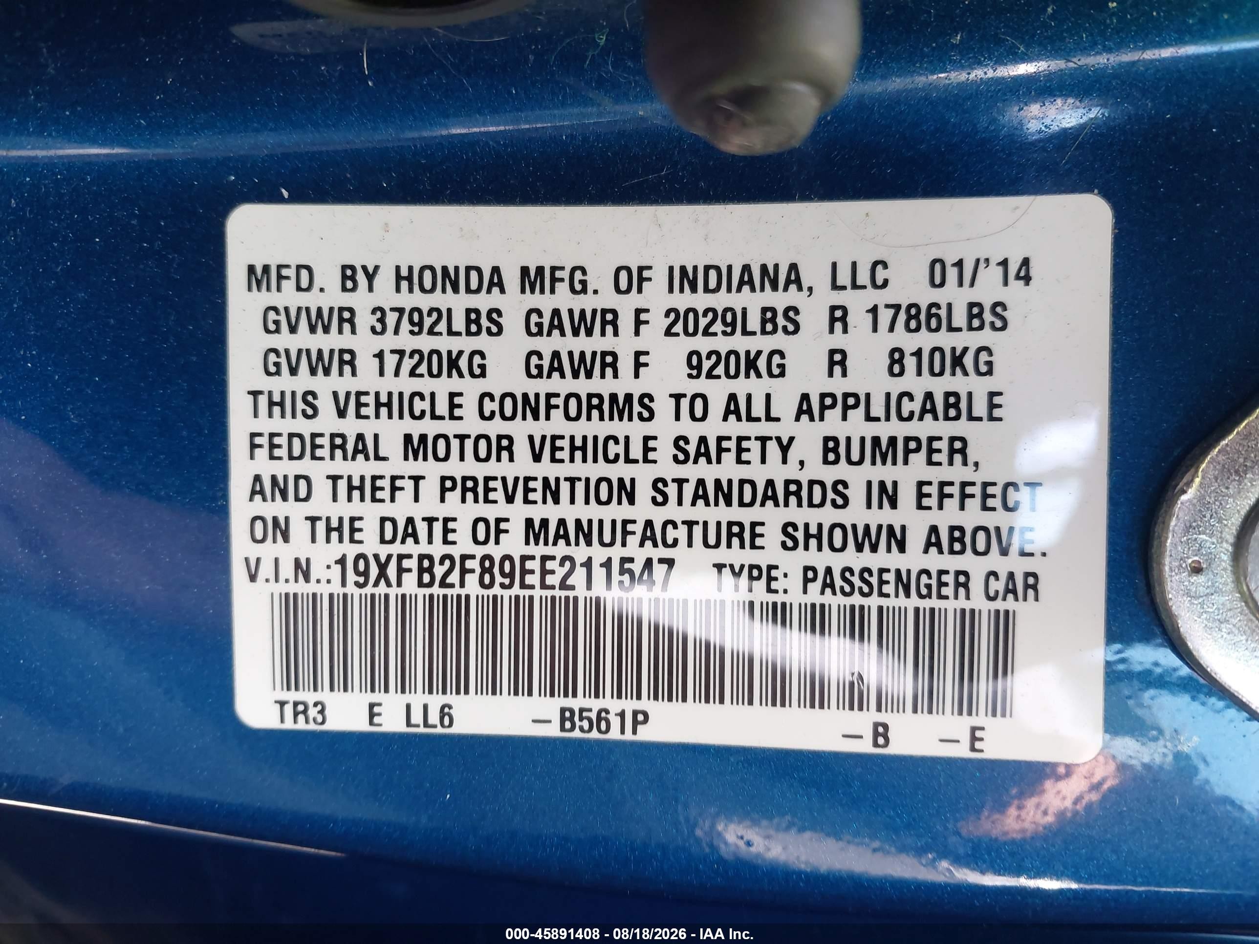 2014 Honda Civic Ex Blue vin: 19XFB2F89EE211547