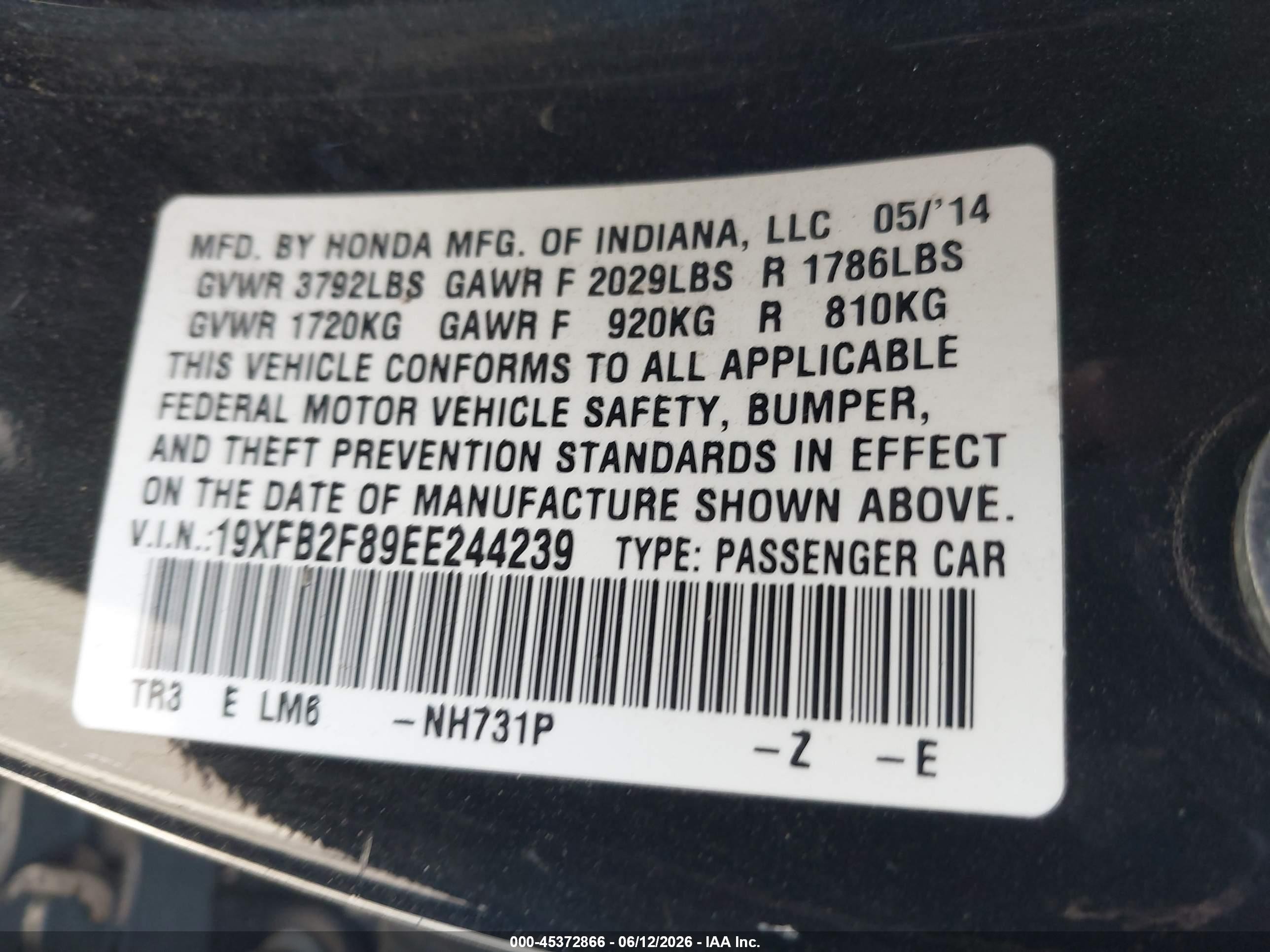 2014 Honda Civic Ex Black vin: 19XFB2F89EE244239