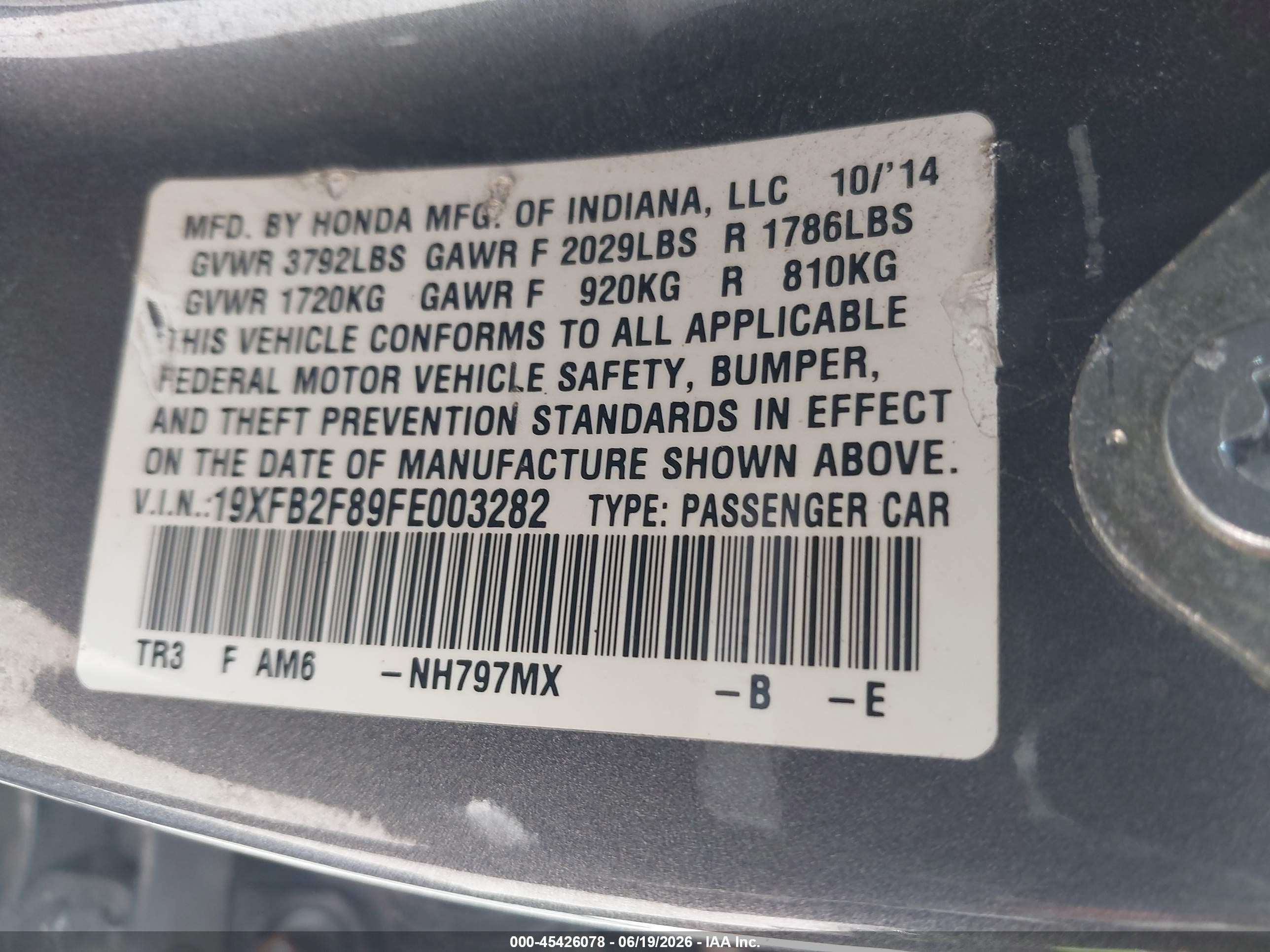 2015 Honda Civic Ex Silver vin: 19XFB2F89FE003282