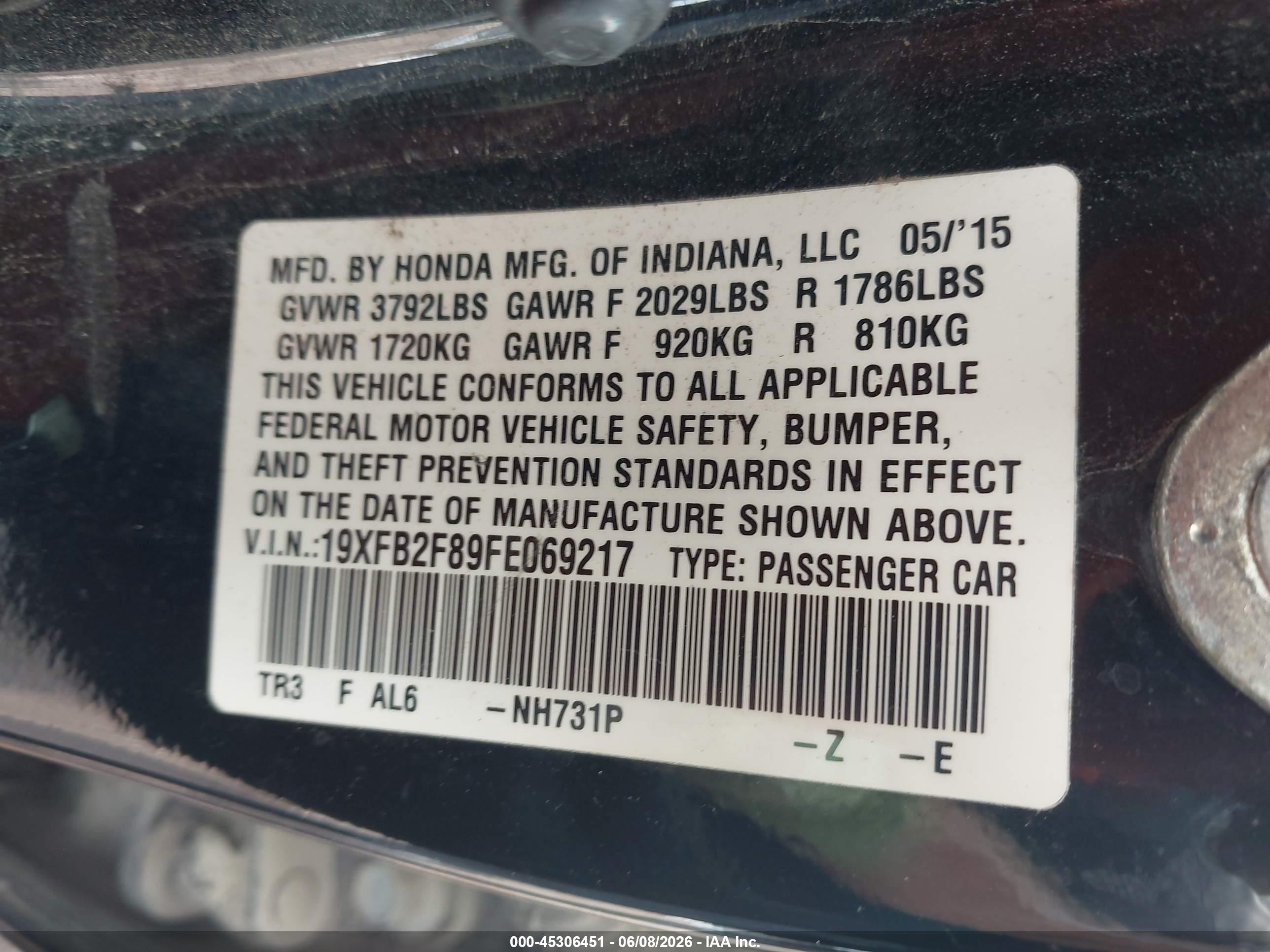 2015 Honda Civic Ex Black vin: 19XFB2F89FE069217