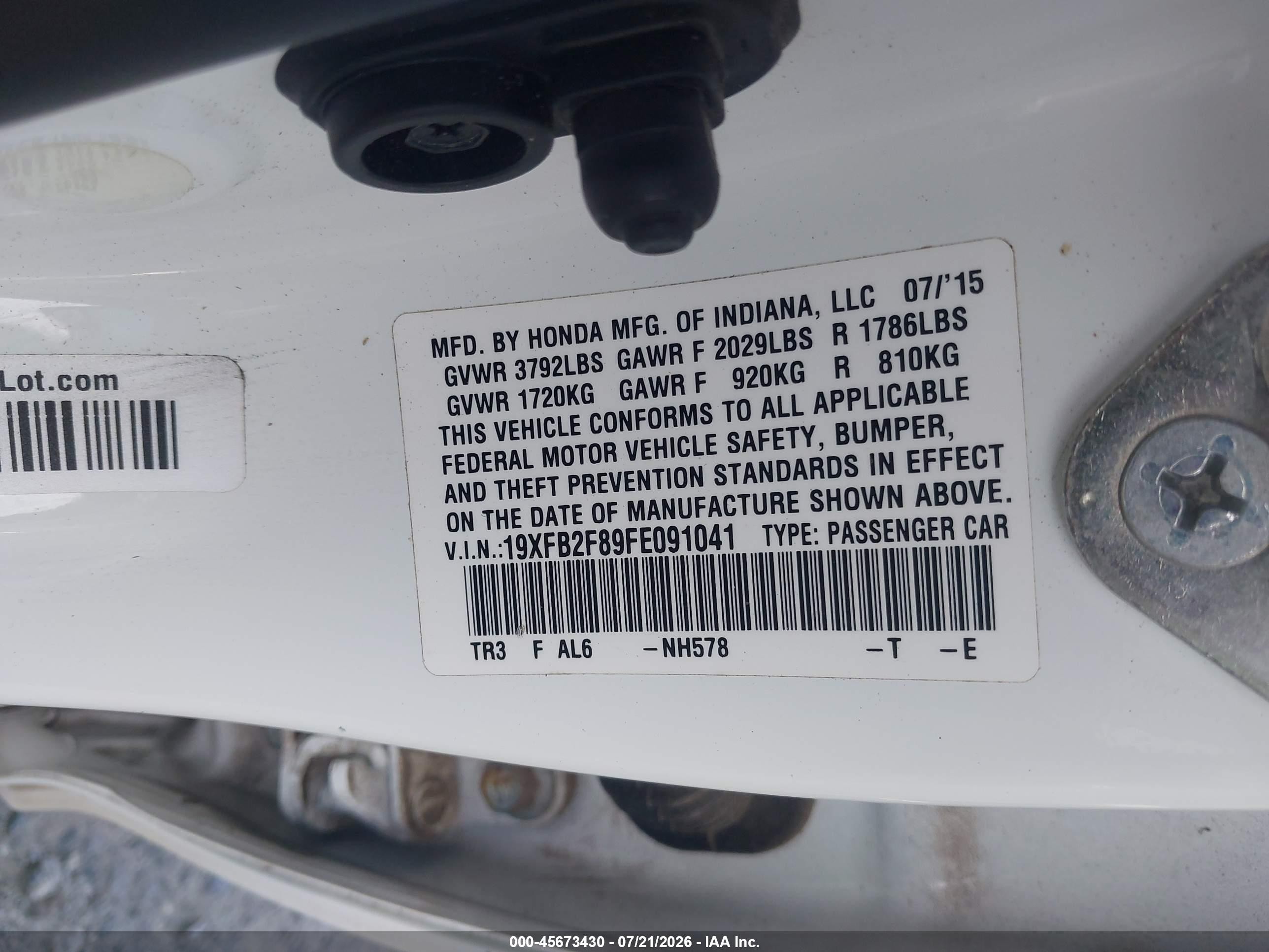 2015 Honda Civic Ex White vin: 19XFB2F89FE091041