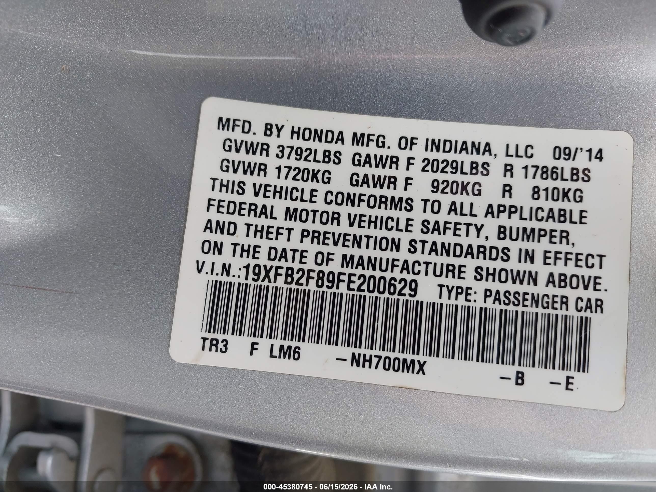 2015 Honda Civic Ex Silver vin: 19XFB2F89FE200629