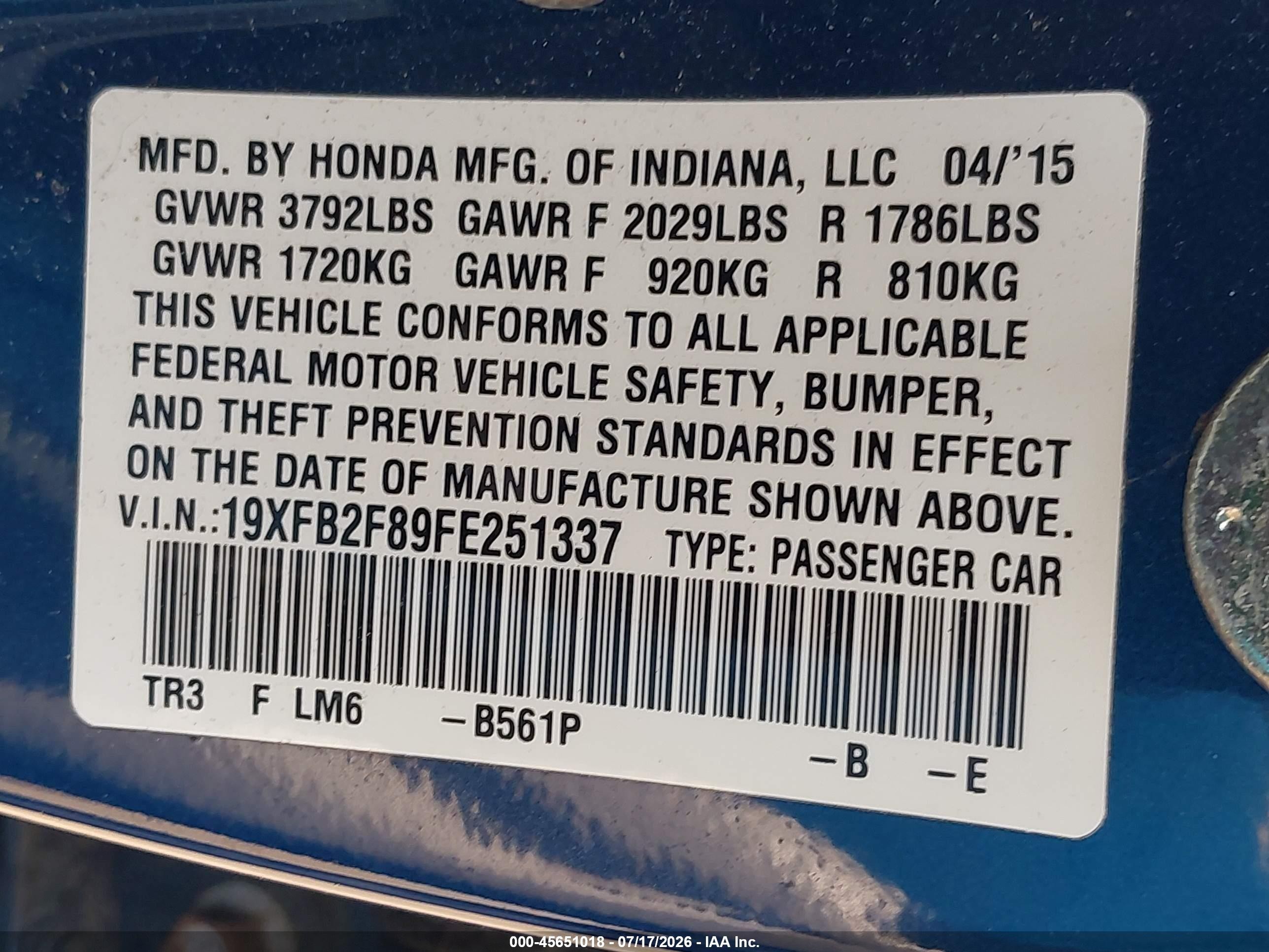 2015 Honda Civic Ex Blue vin: 19XFB2F89FE251337