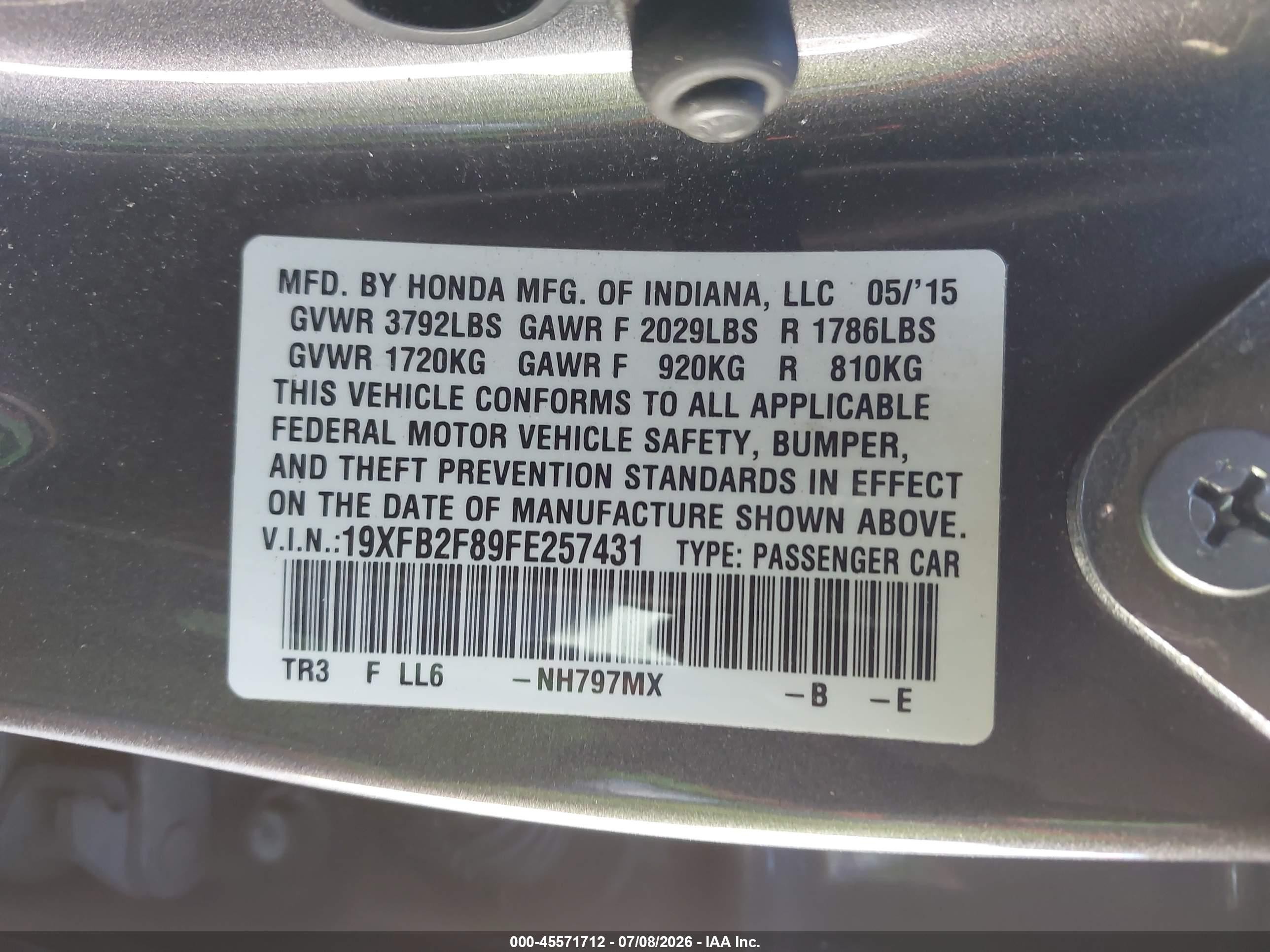 2015 Honda Civic Ex Gray vin: 19XFB2F89FE257431