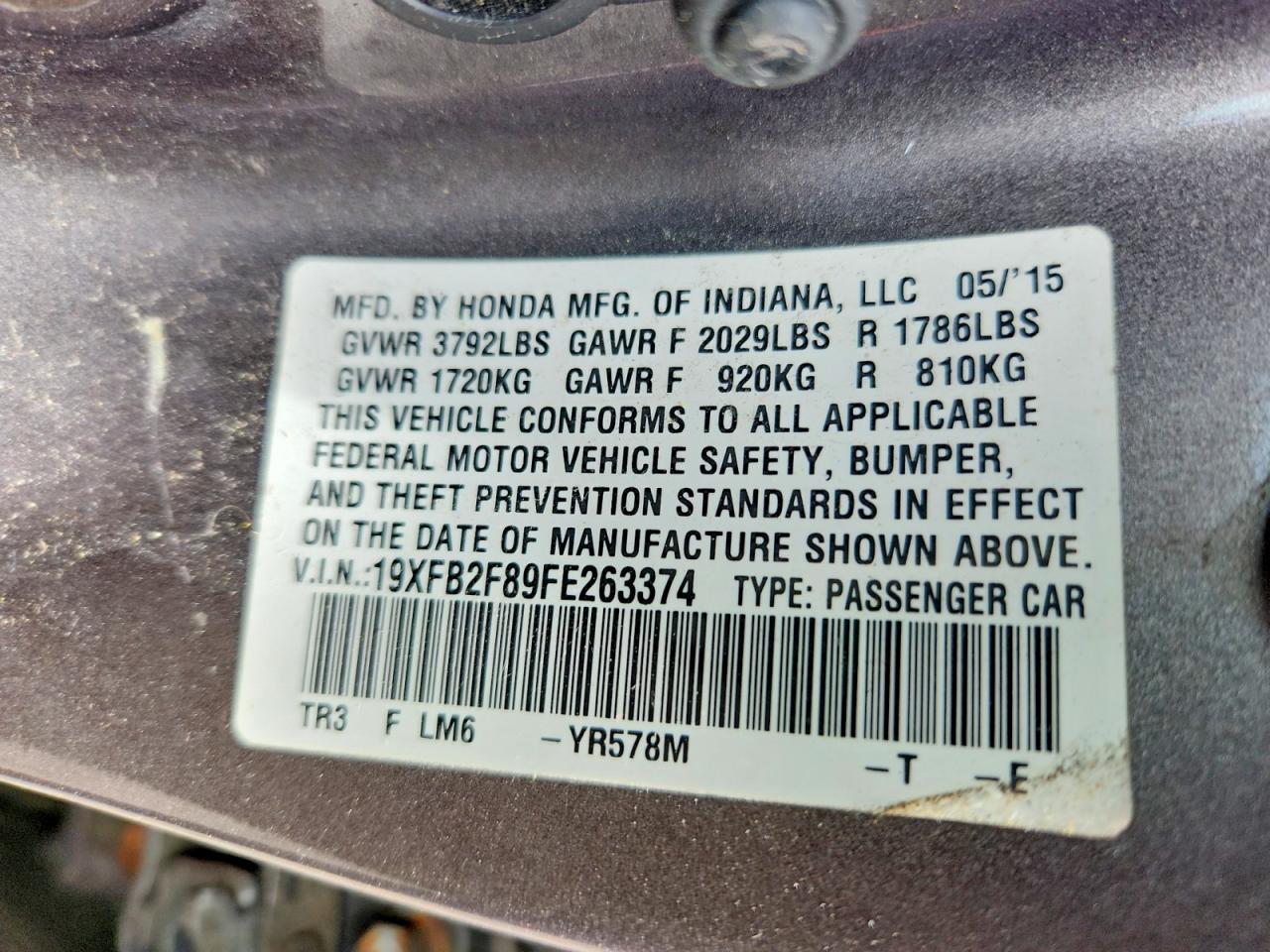 2015 Honda Civic Ex Gray vin: 19XFB2F89FE263374