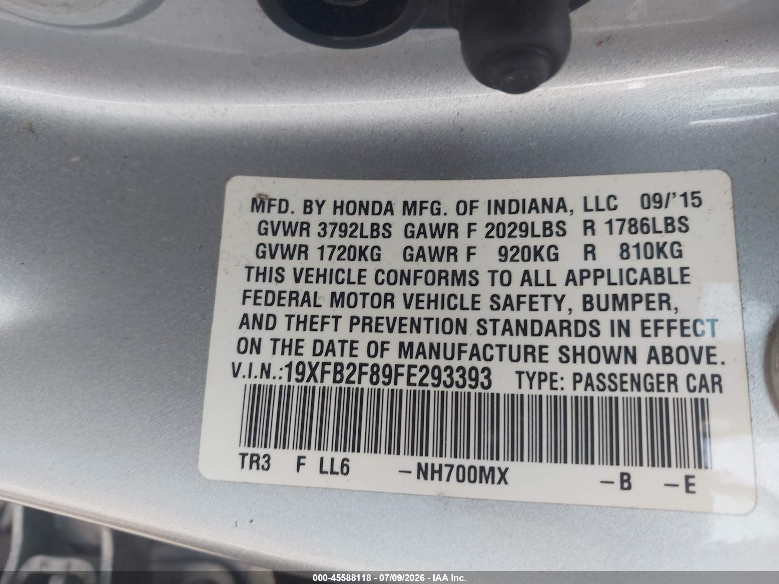 2015 Honda Civic Ex Серебряный vin: 19XFB2F89FE293393