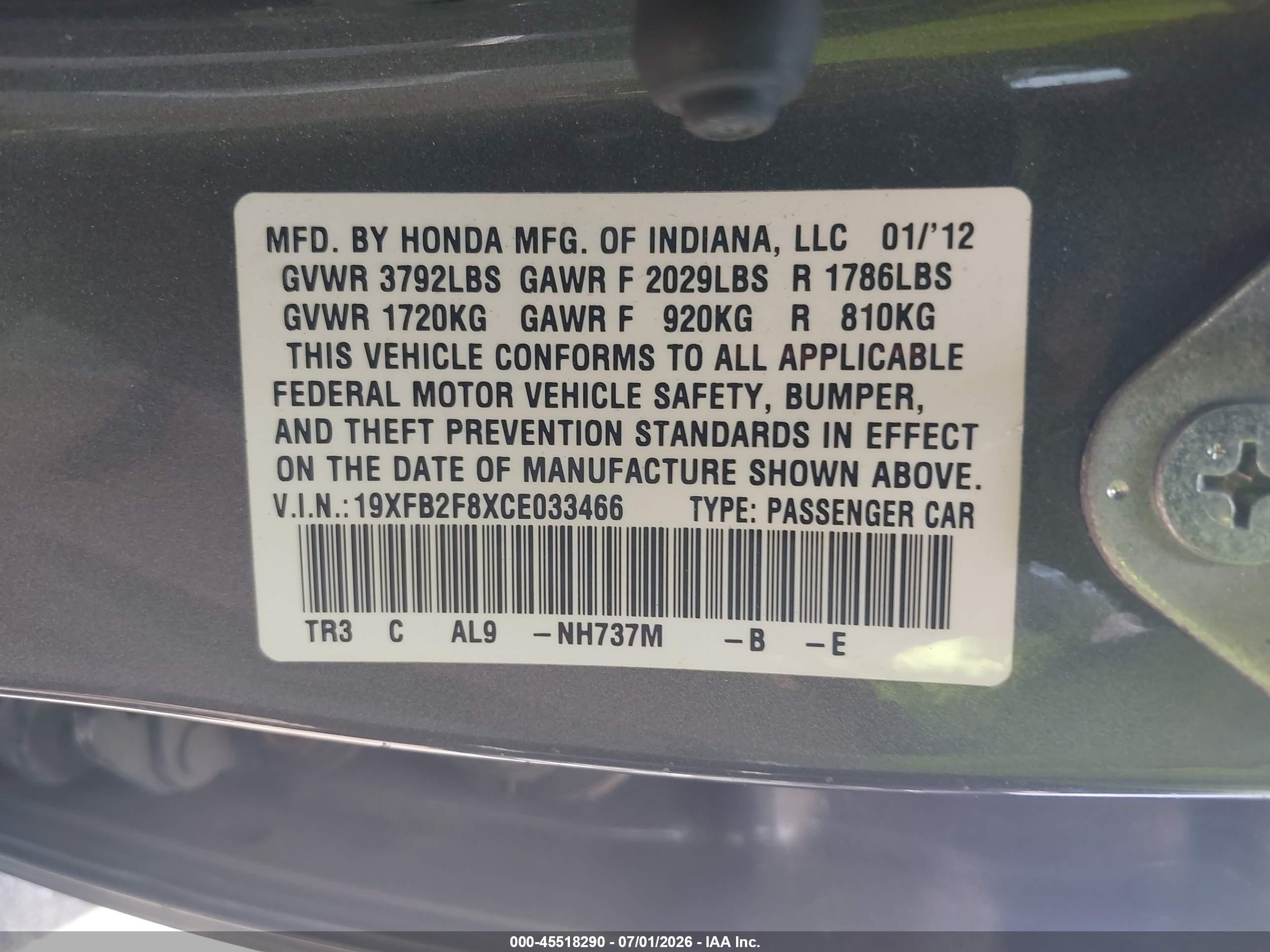2012 Honda Civic Ex Gray vin: 19XFB2F8XCE033466