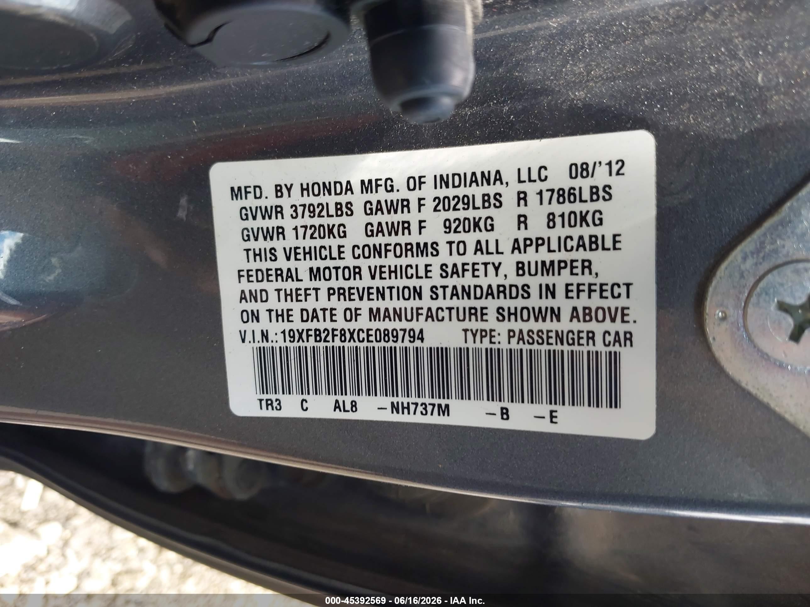 2012 Honda Civic Ex Gray vin: 19XFB2F8XCE089794