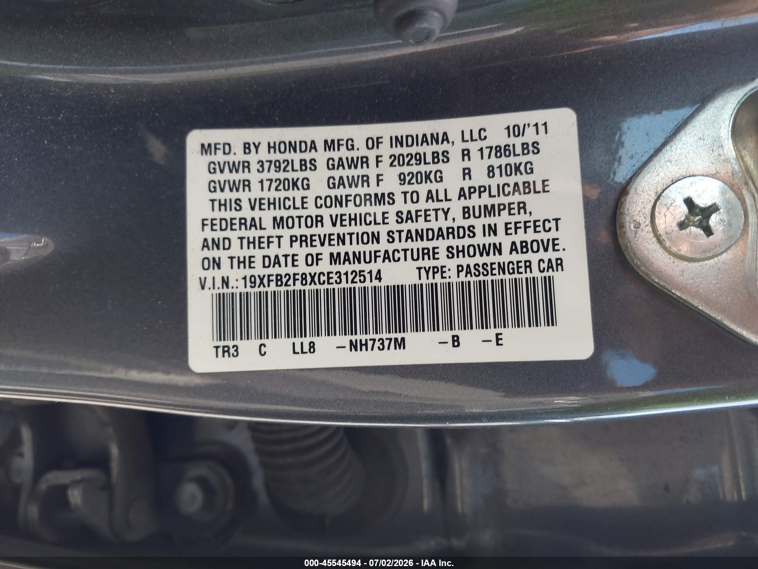 2012 Honda Civic Ex Gray vin: 19XFB2F8XCE312514