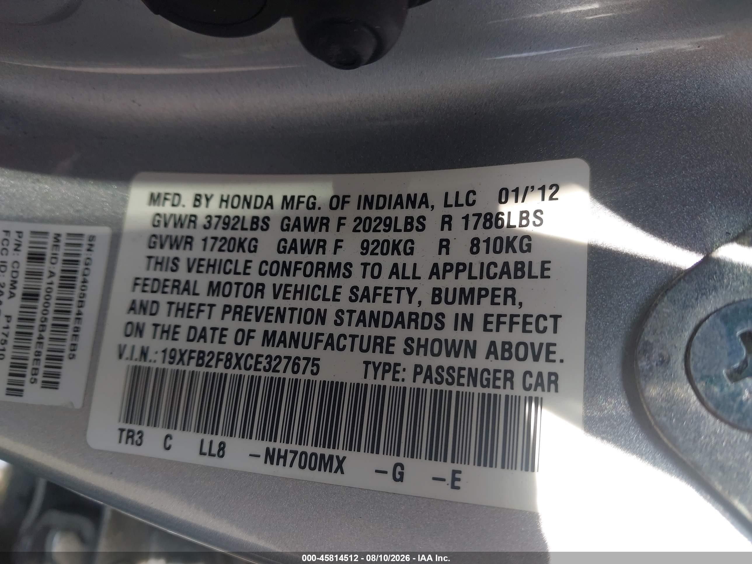 2012 Honda Civic Ex Silver vin: 19XFB2F8XCE327675