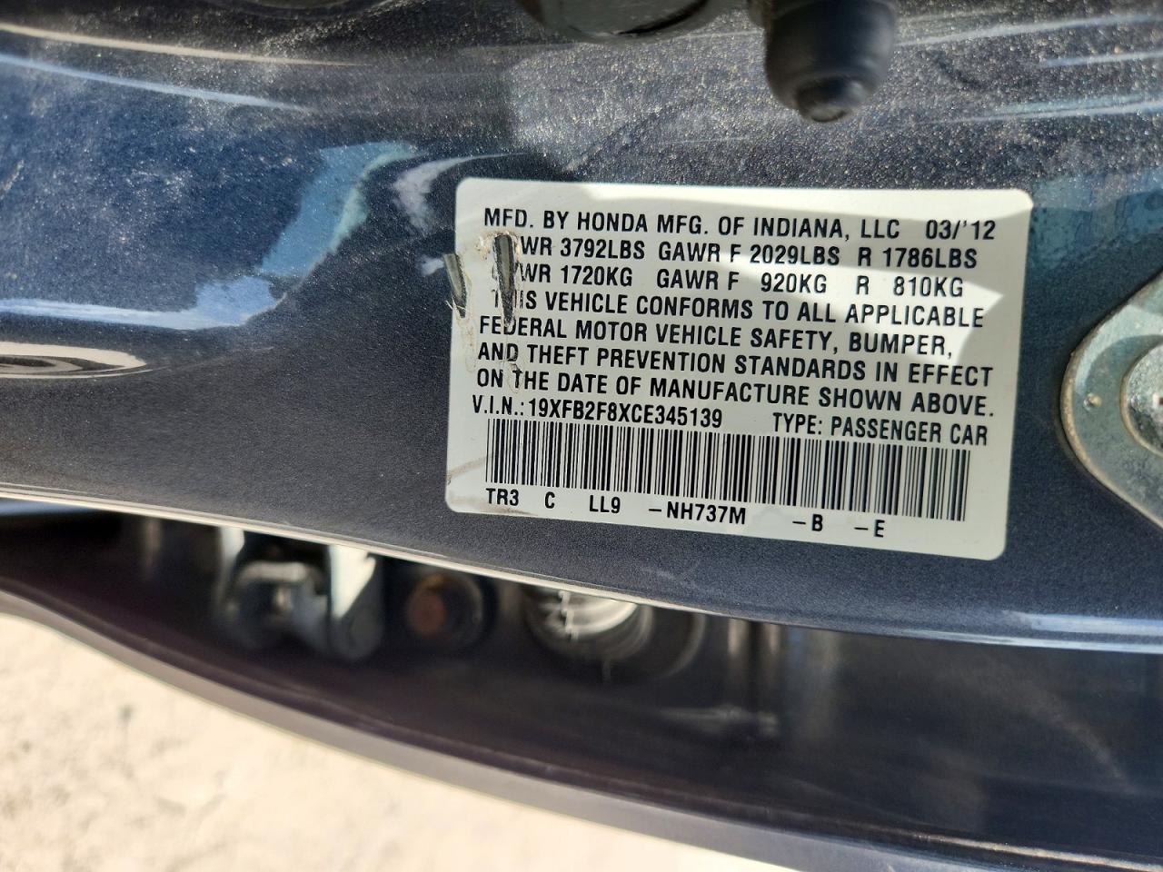 2012 Honda Civic Ex Gray vin: 19XFB2F8XCE345139