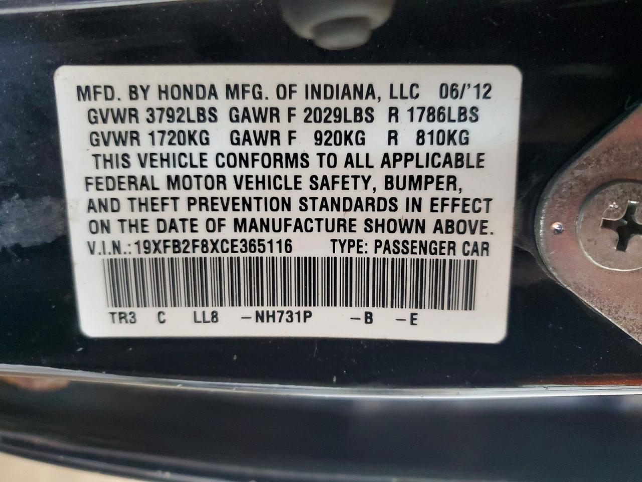 2012 Honda Civic Ex Black vin: 19XFB2F8XCE365116