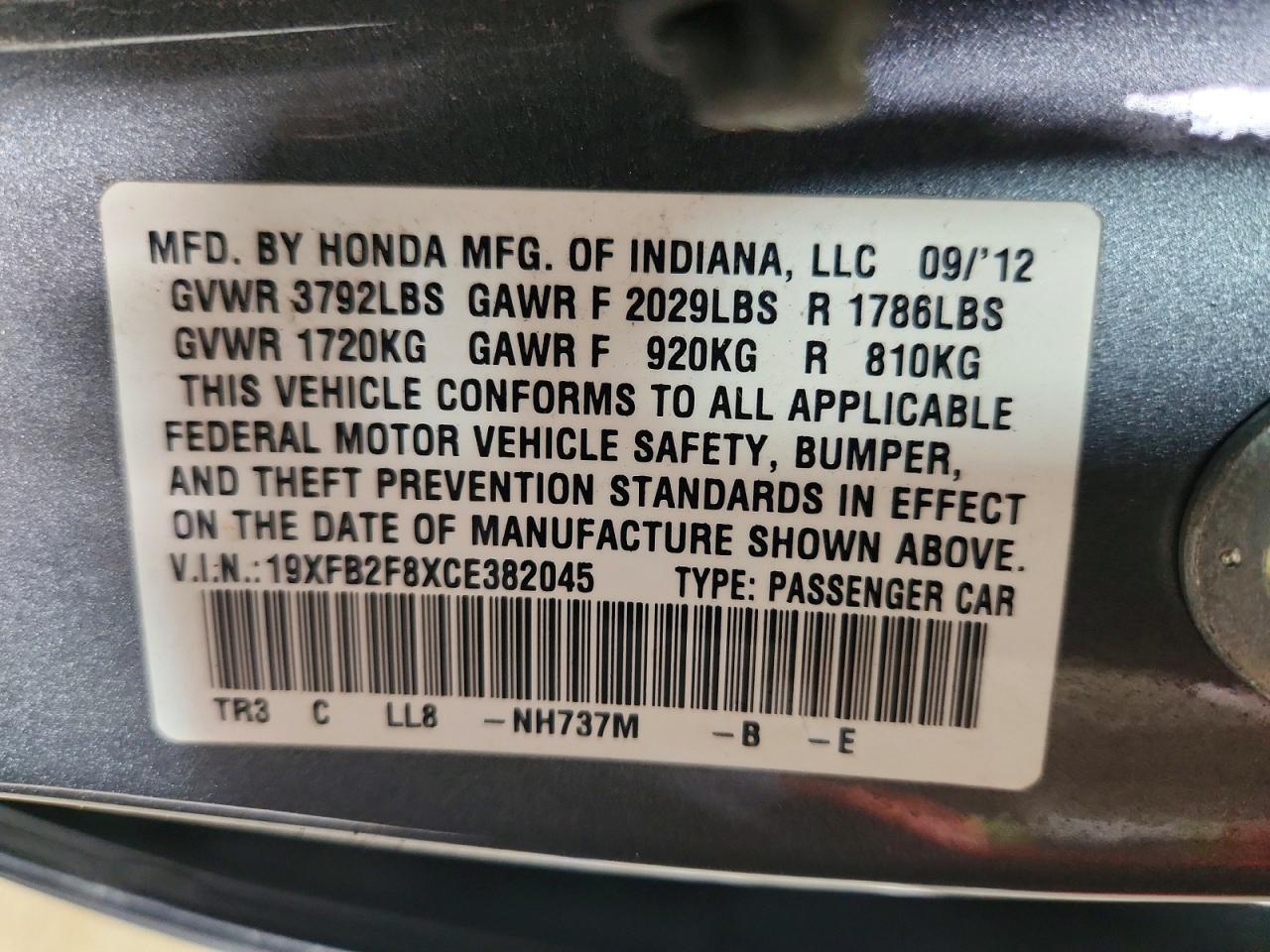 2012 Honda Civic Ex Gray vin: 19XFB2F8XCE382045