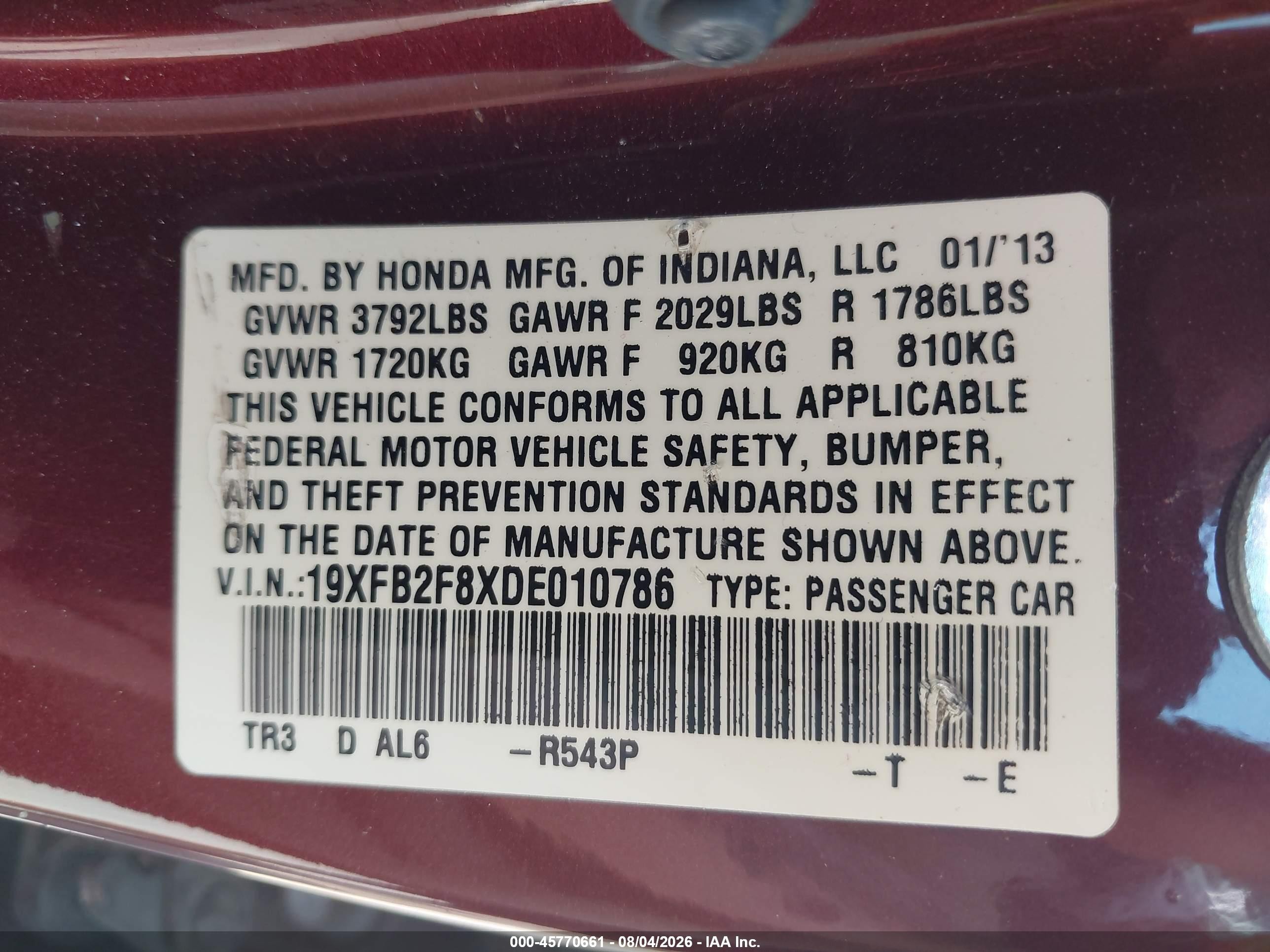 2013 Honda Civic Ex Темно-бордовый vin: 19XFB2F8XDE010786