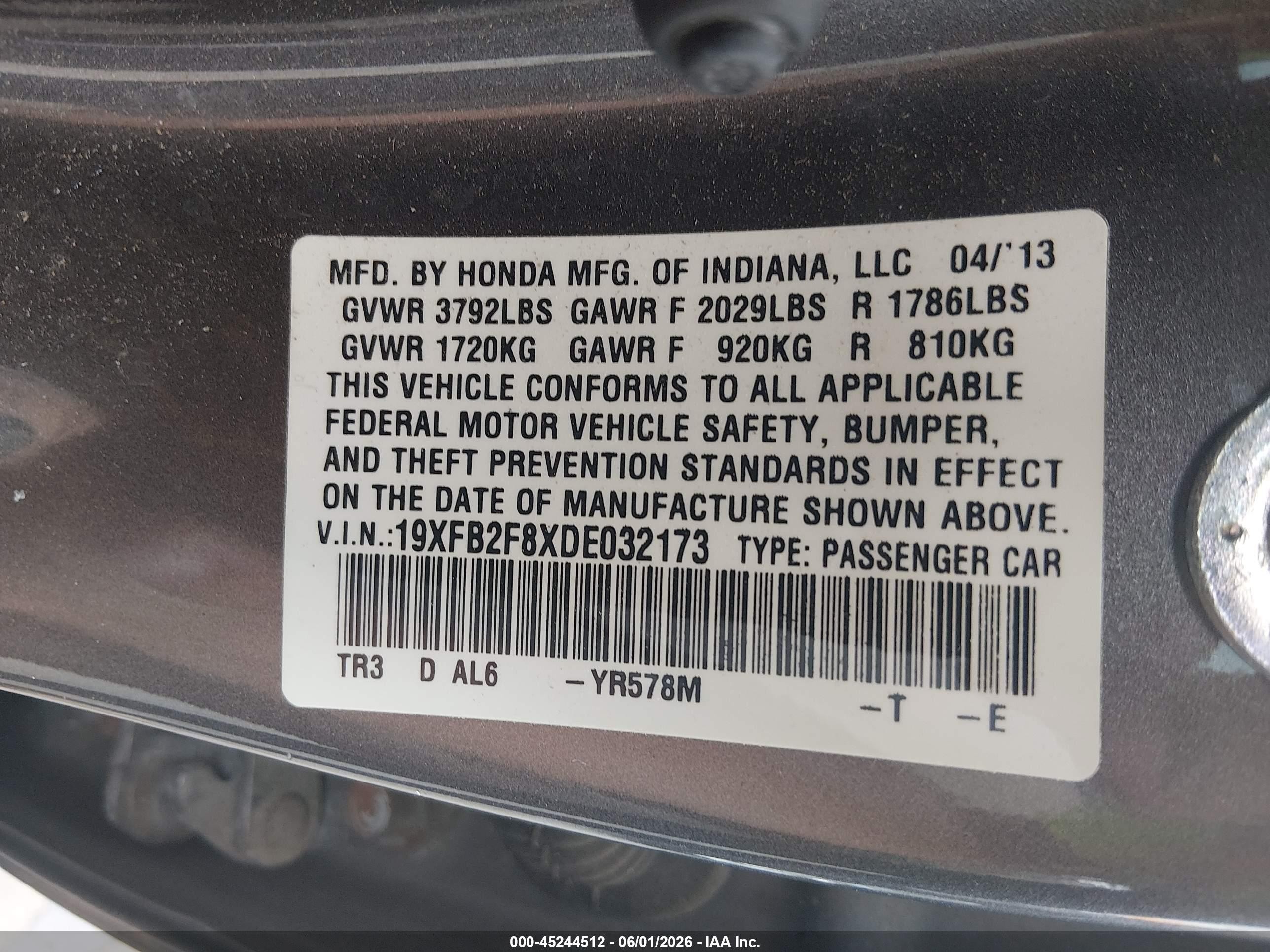 2013 Honda Civic Ex Gray vin: 19XFB2F8XDE032173