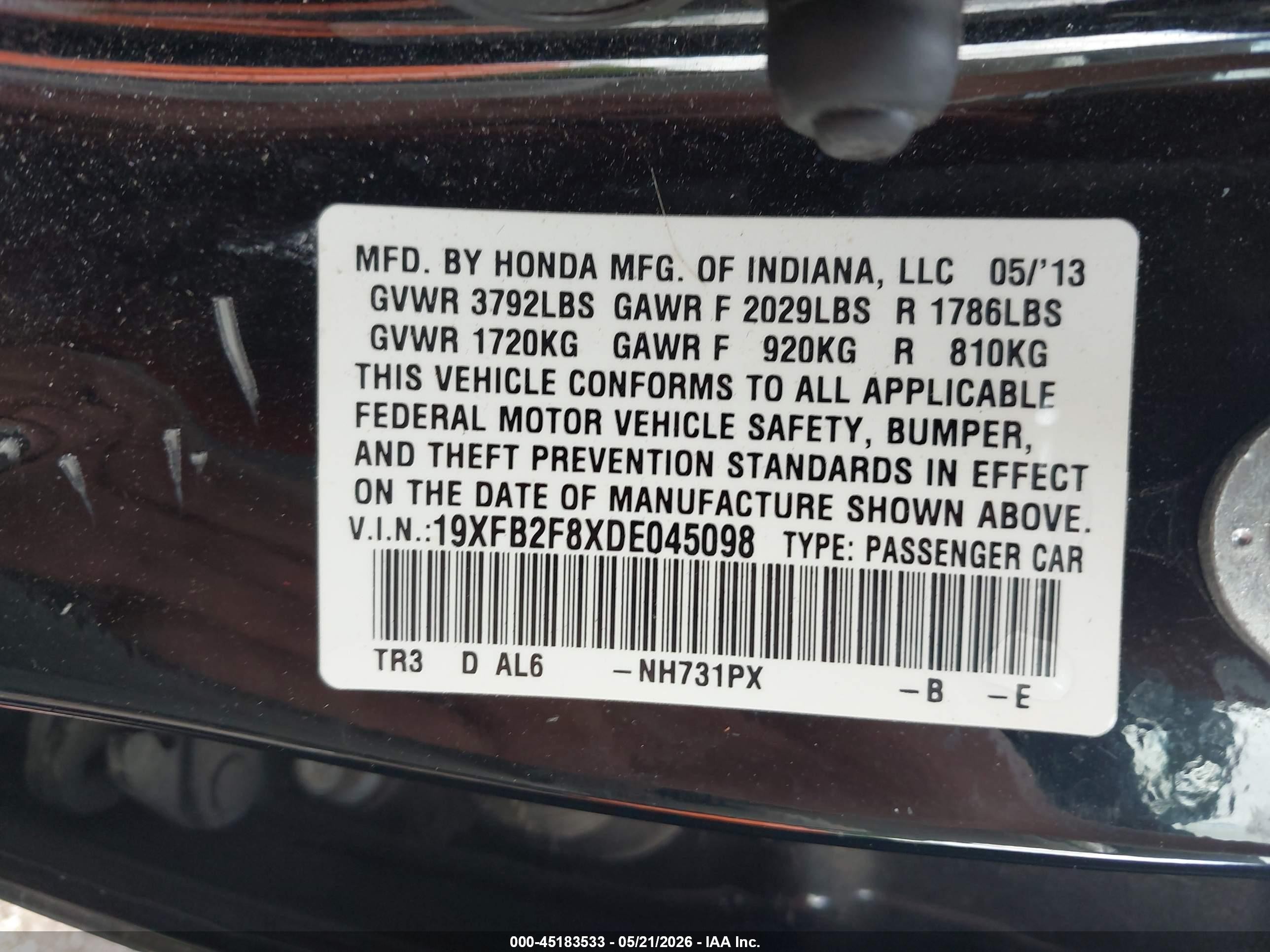 2013 Honda Civic Ex Черный vin: 19XFB2F8XDE045098