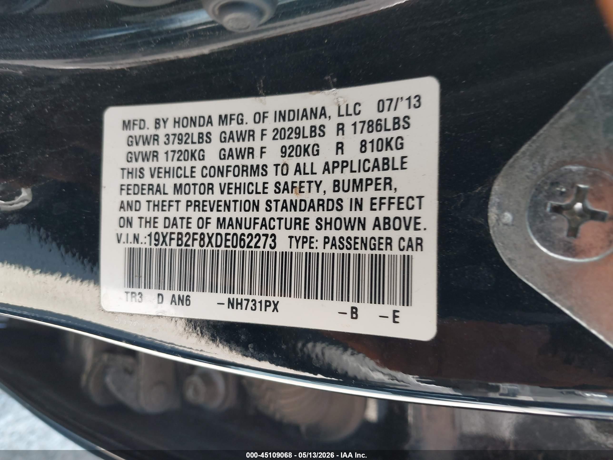 2013 Honda Civic Ex Black vin: 19XFB2F8XDE062273