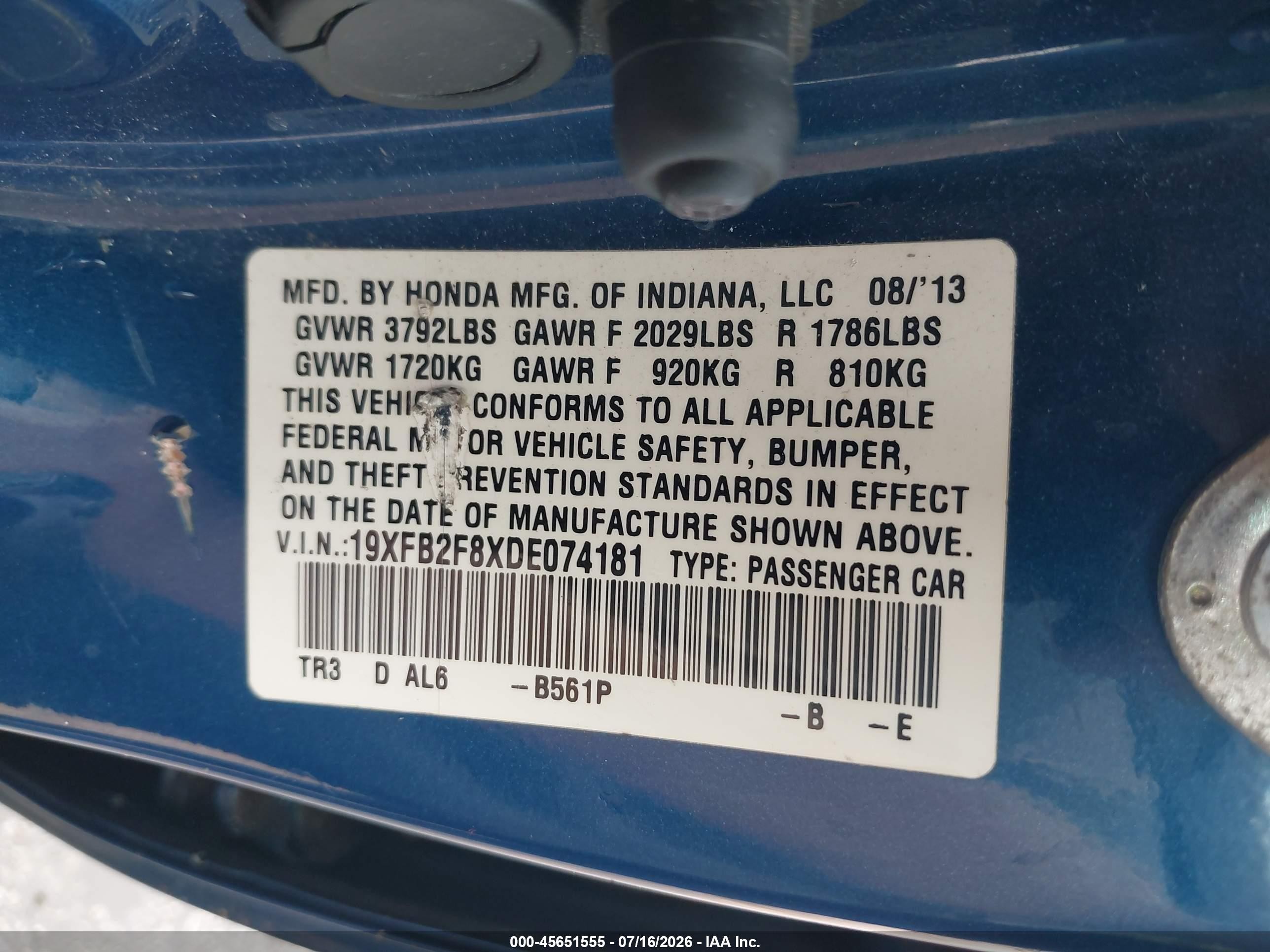 2013 Honda Civic Ex Blue vin: 19XFB2F8XDE074181