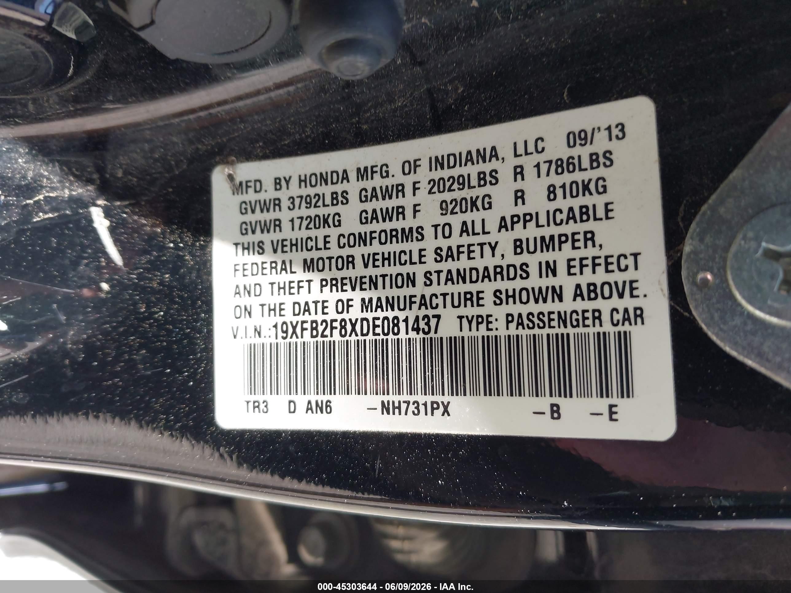 2013 Honda Civic Ex Black vin: 19XFB2F8XDE081437