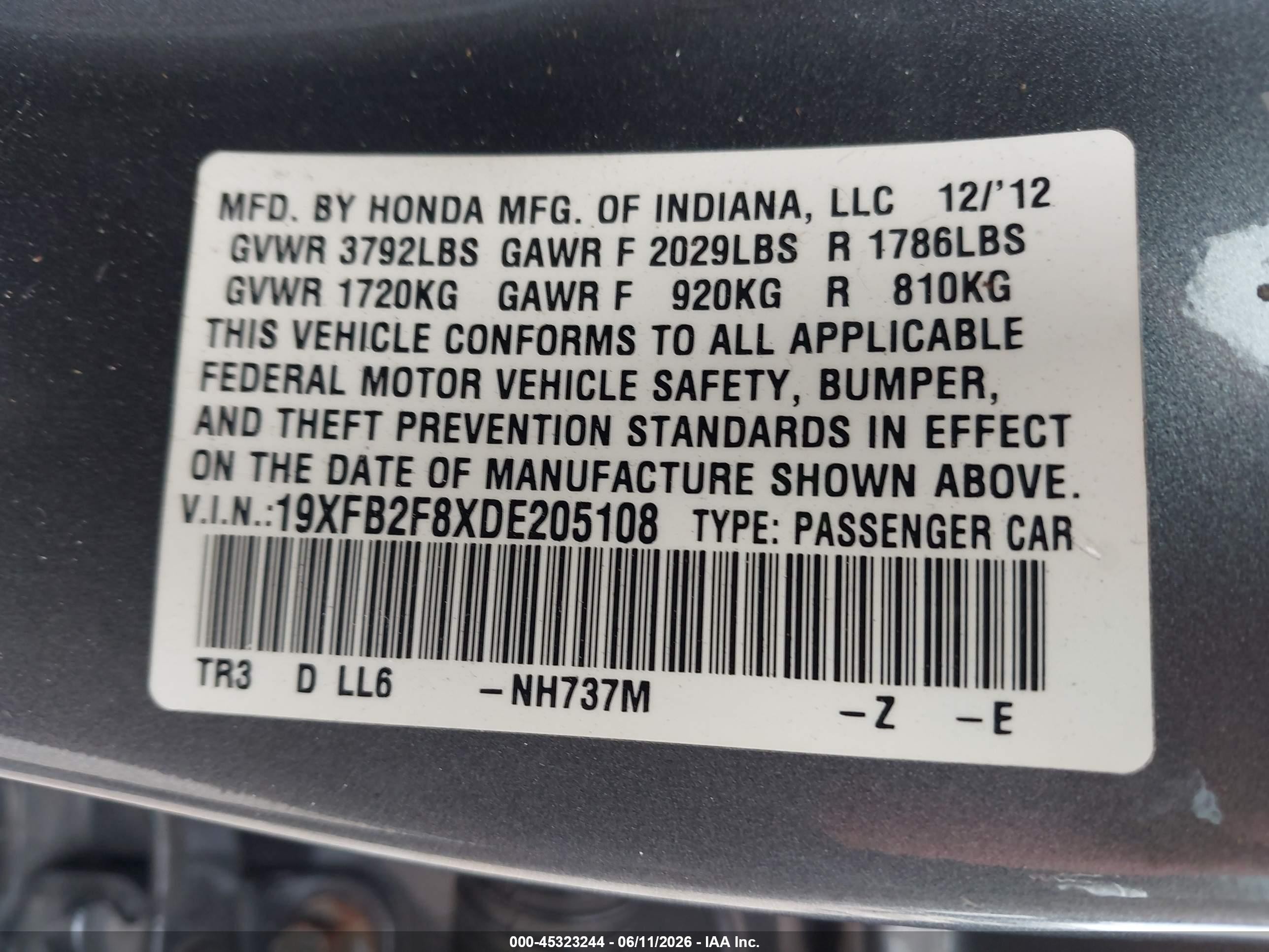 2013 Honda Civic Ex Gray vin: 19XFB2F8XDE205108