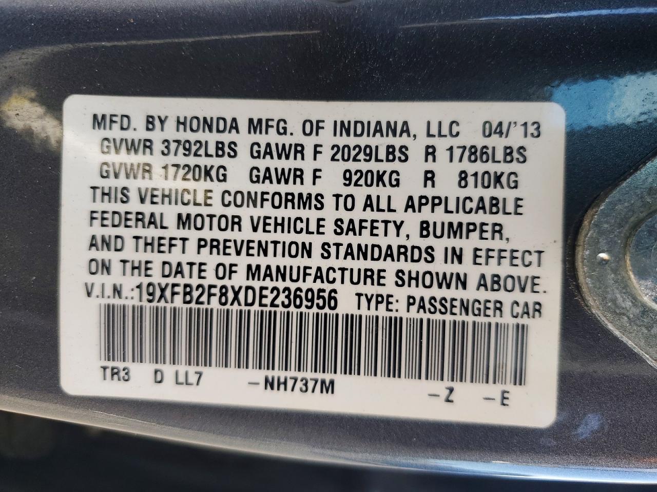 2013 Honda Civic Ex Gray vin: 19XFB2F8XDE236956