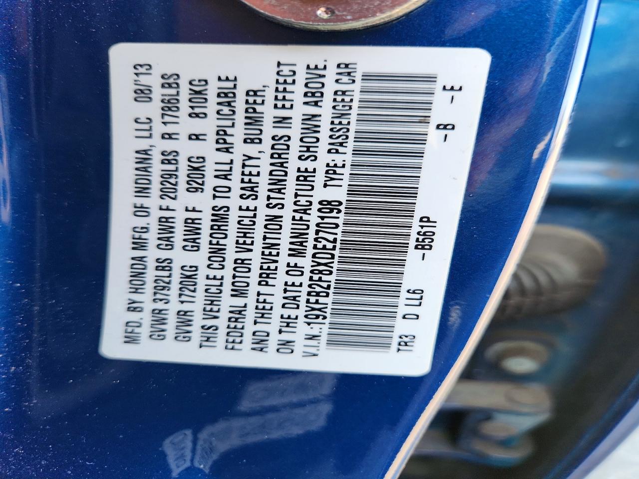 2013 Honda Civic Ex Blue vin: 19XFB2F8XDE270198