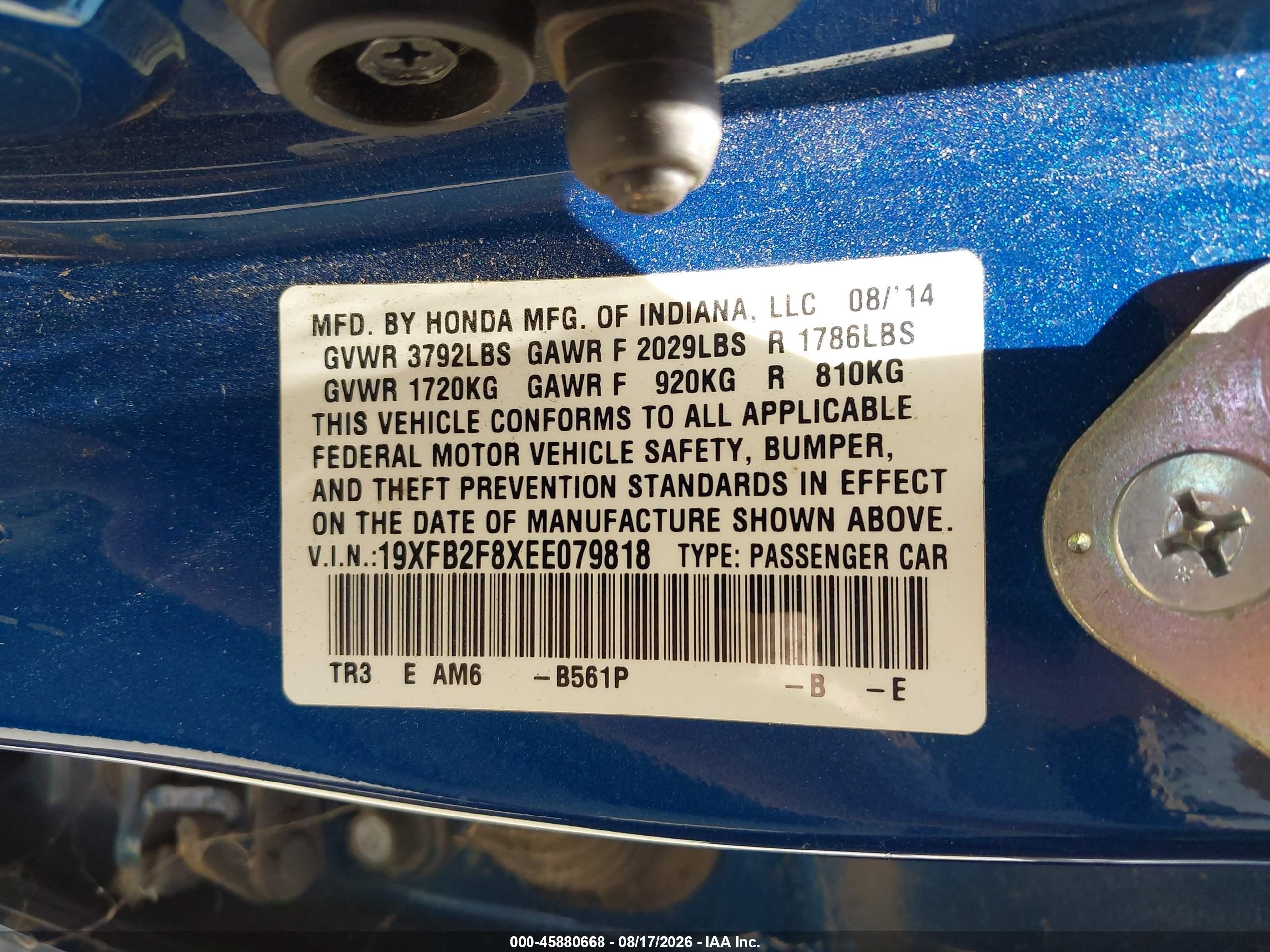 2014 Honda Civic Ex Blue vin: 19XFB2F8XEE079818