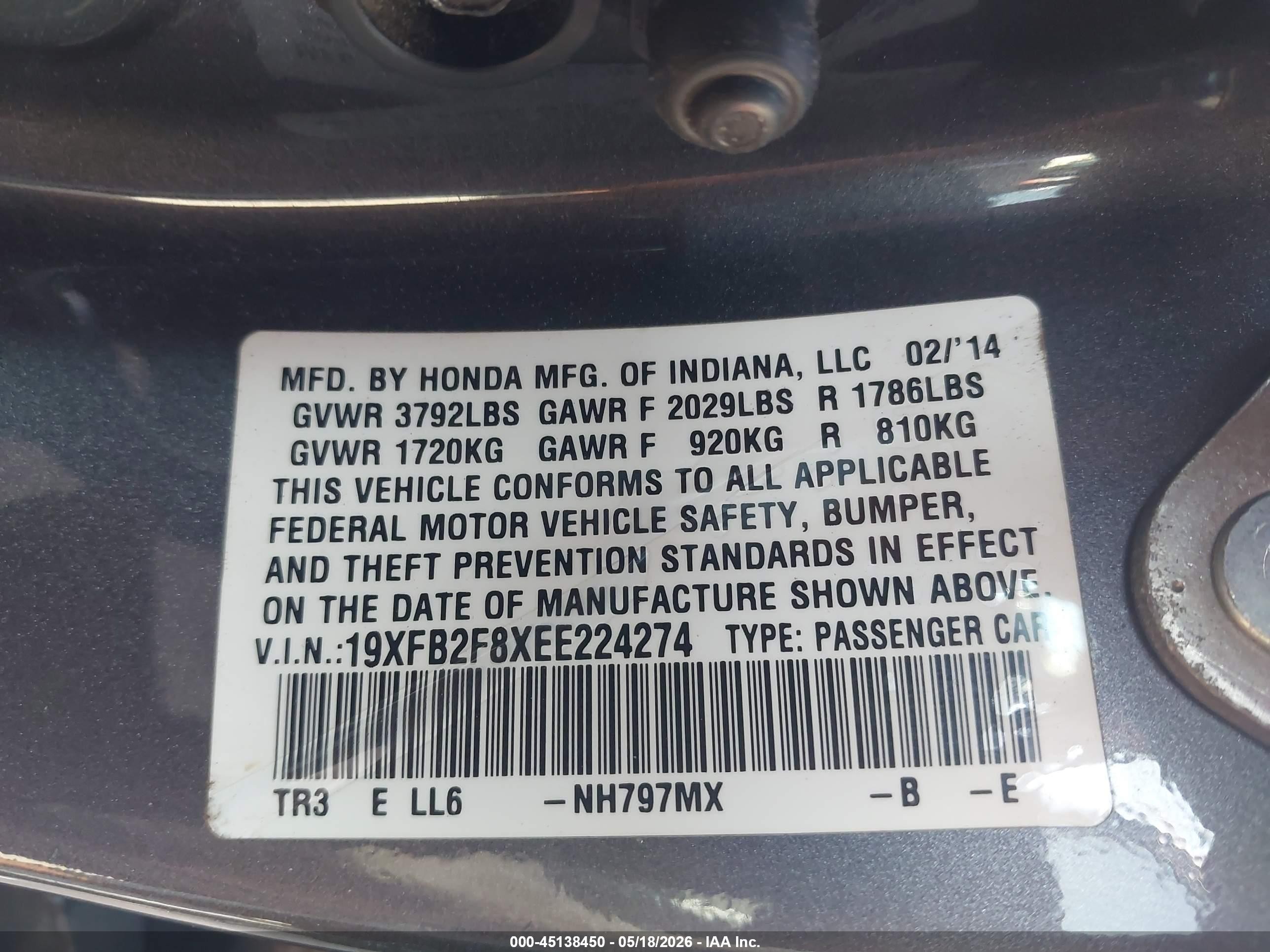 2014 Honda Civic Ex Gray vin: 19XFB2F8XEE224274