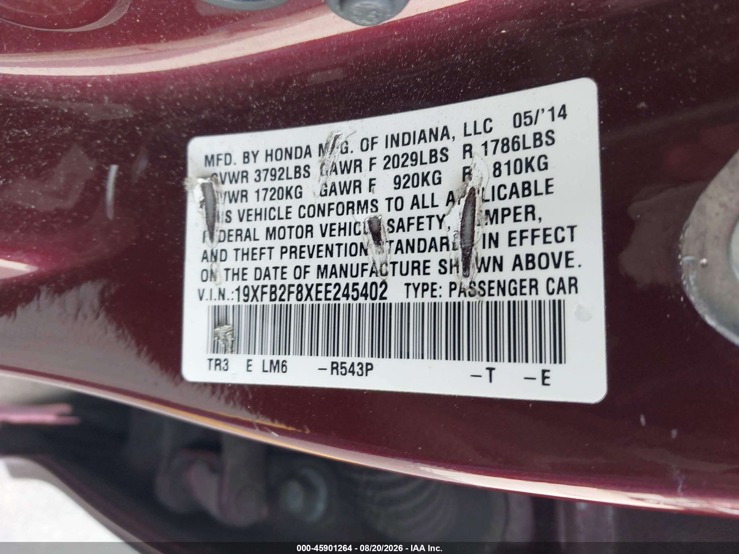 2014 Honda Civic Ex Burgundy vin: 19XFB2F8XEE245402