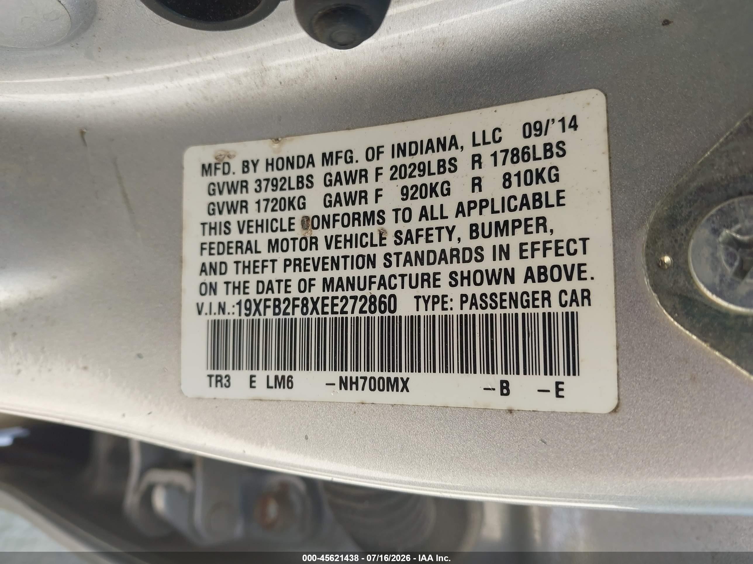 2014 Honda Civic Ex Silver vin: 19XFB2F8XEE272860