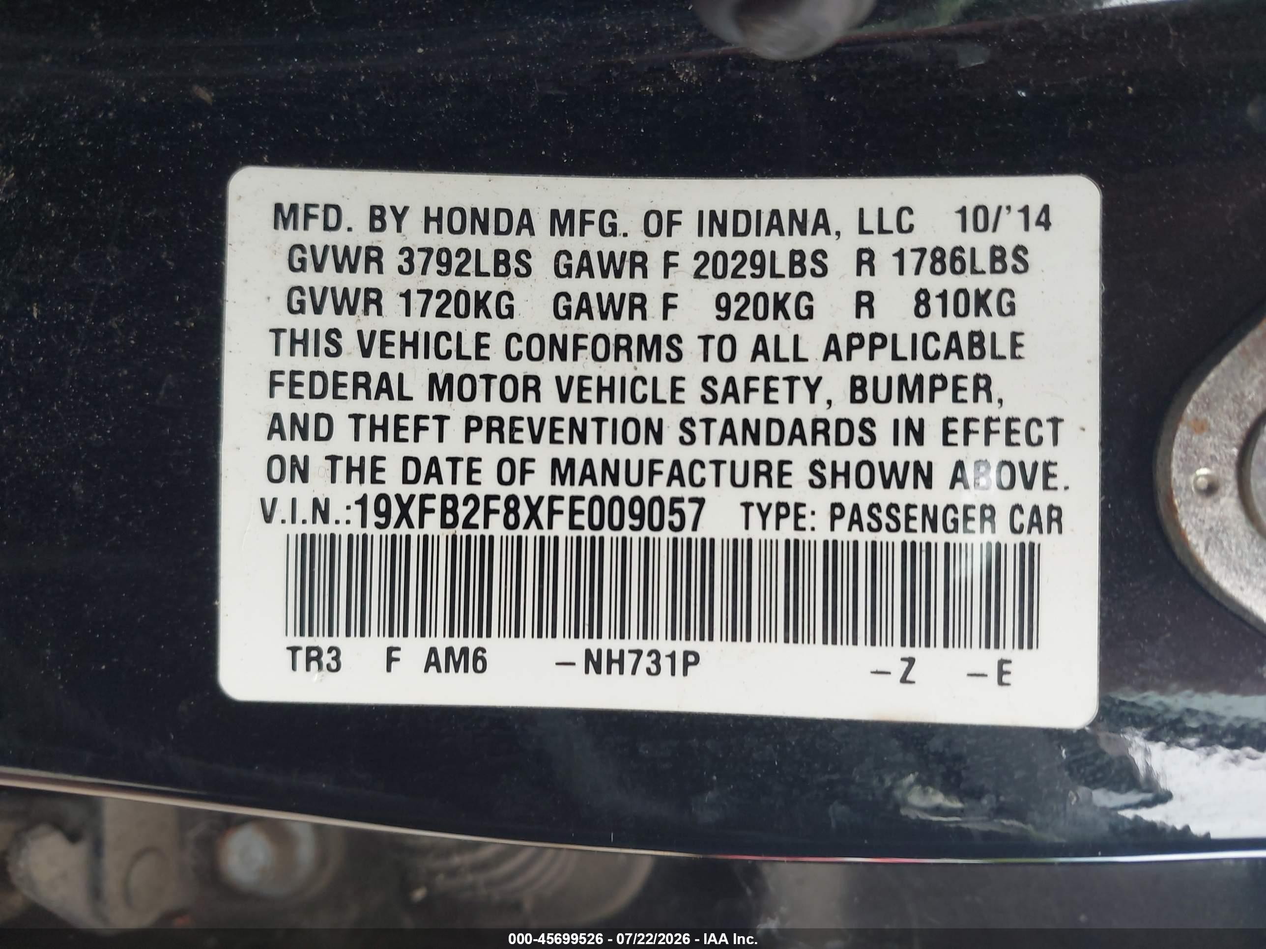 2015 Honda Civic Ex Black vin: 19XFB2F8XFE009057