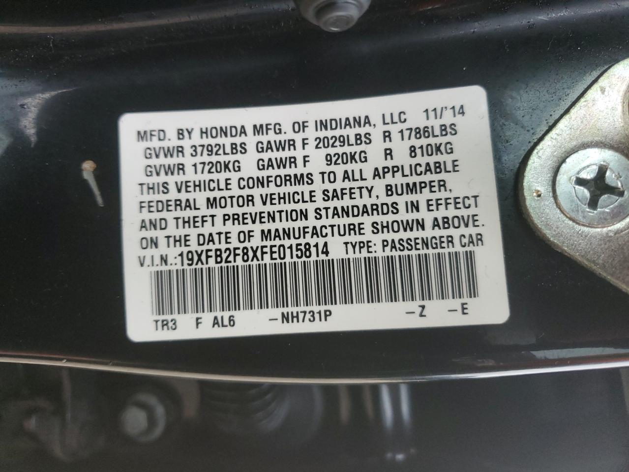 2015 Honda Civic Ex Black vin: 19XFB2F8XFE015814