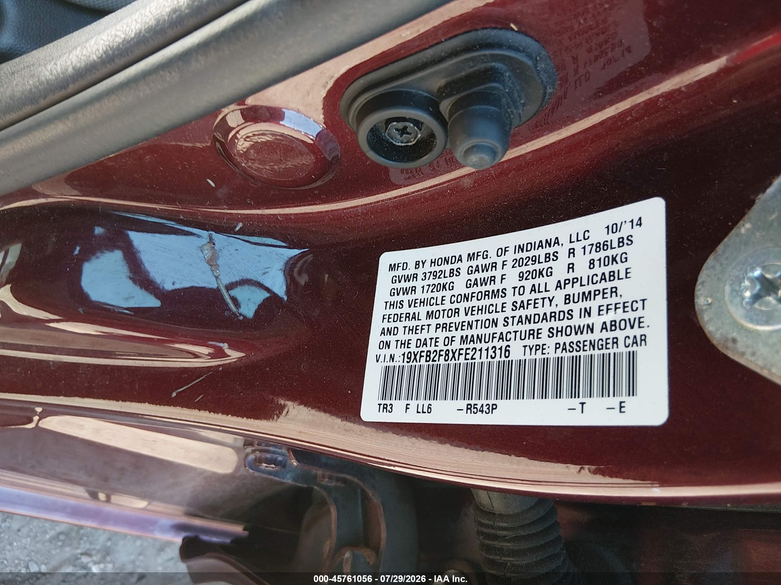2015 Honda Civic Ex Maroon vin: 19XFB2F8XFE211316