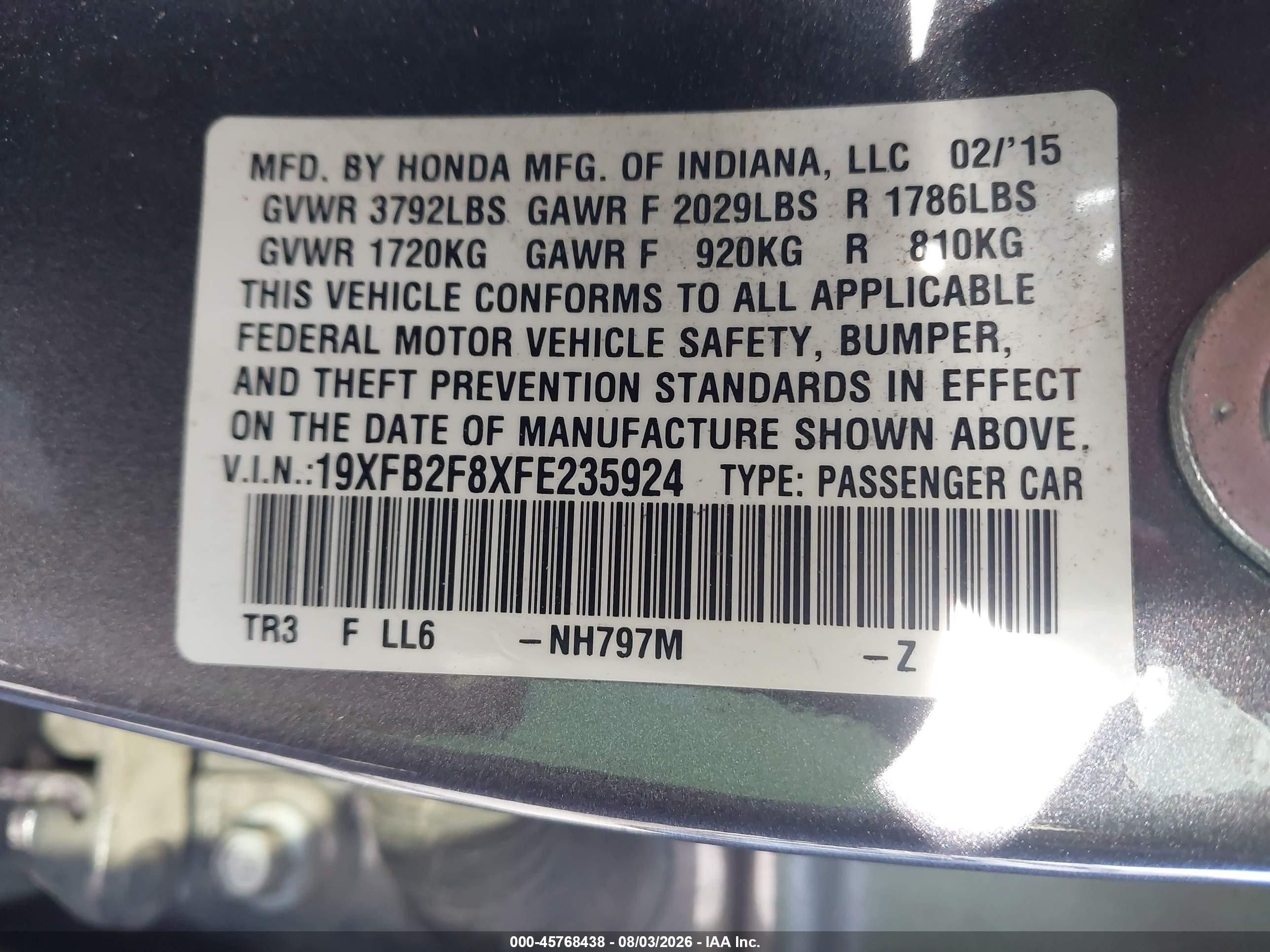 2015 Honda Civic Ex Gray vin: 19XFB2F8XFE235924