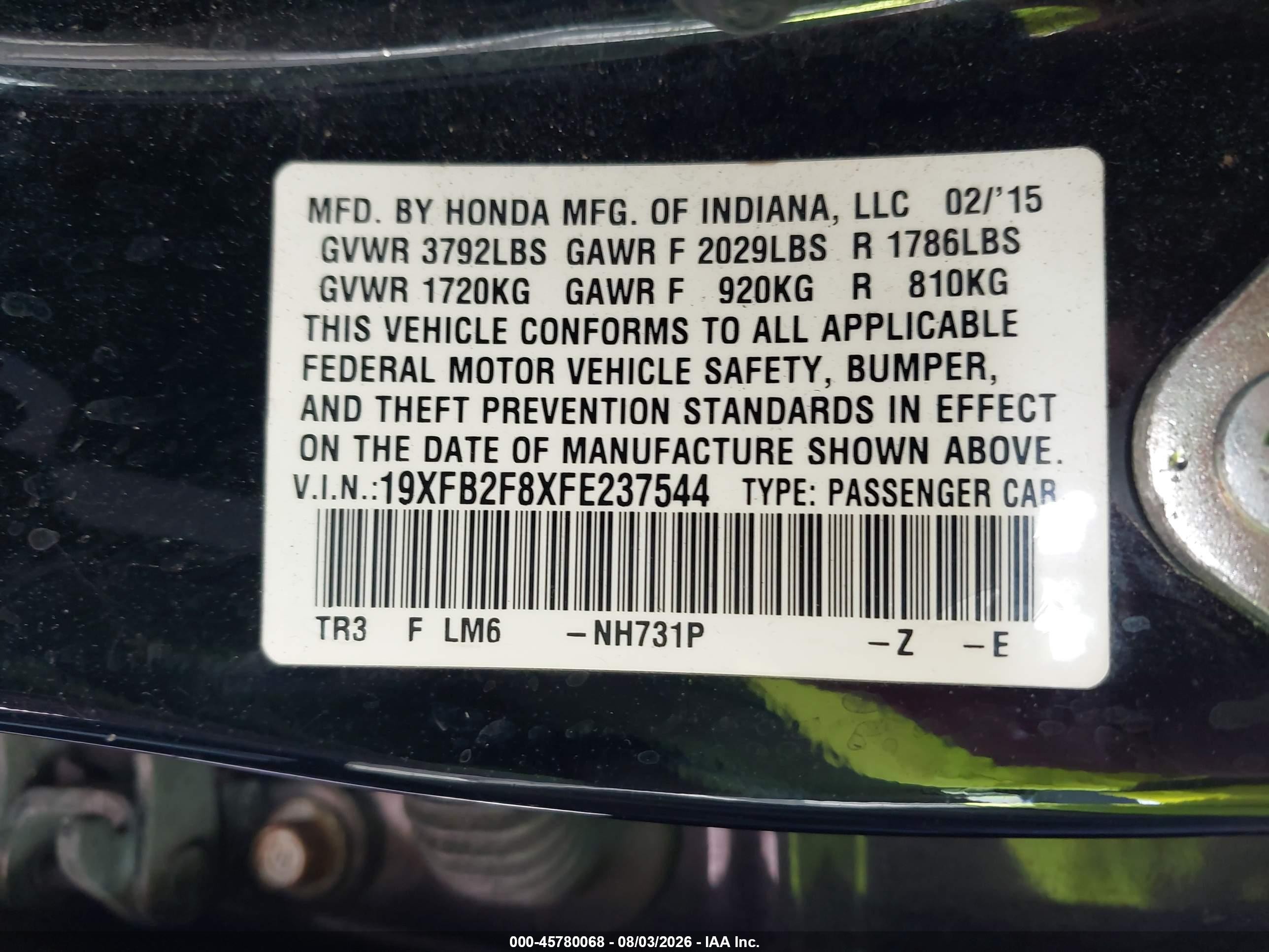 2015 Honda Civic Ex Black vin: 19XFB2F8XFE237544