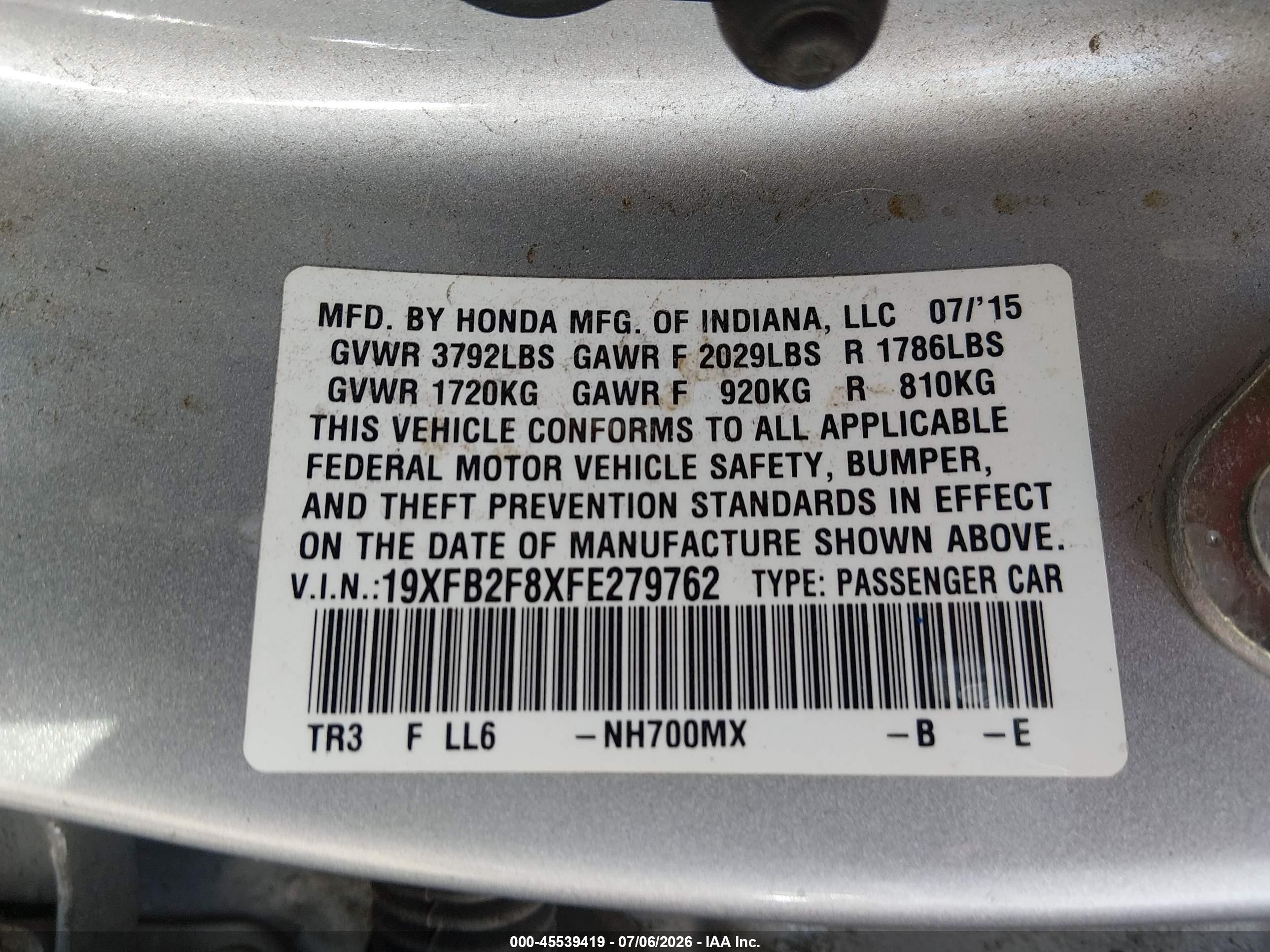 2015 Honda Civic Ex Silver vin: 19XFB2F8XFE279762