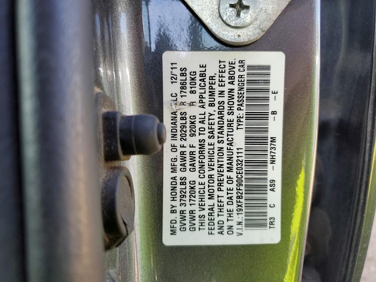 2012 Honda Civic Exl Gray vin: 19XFB2F90CE032111