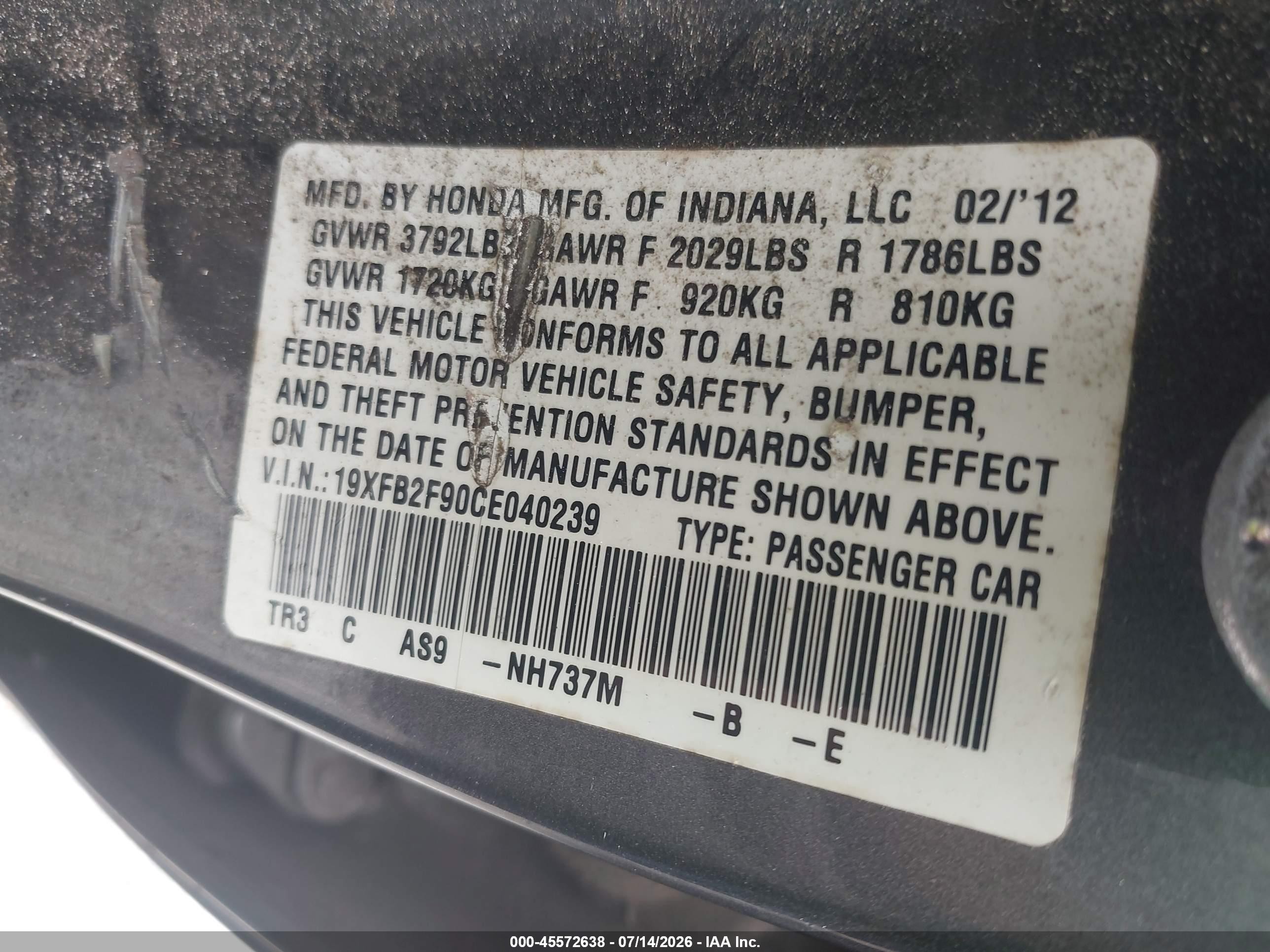 2012 Honda Civic Ex-l Gray vin: 19XFB2F90CE040239