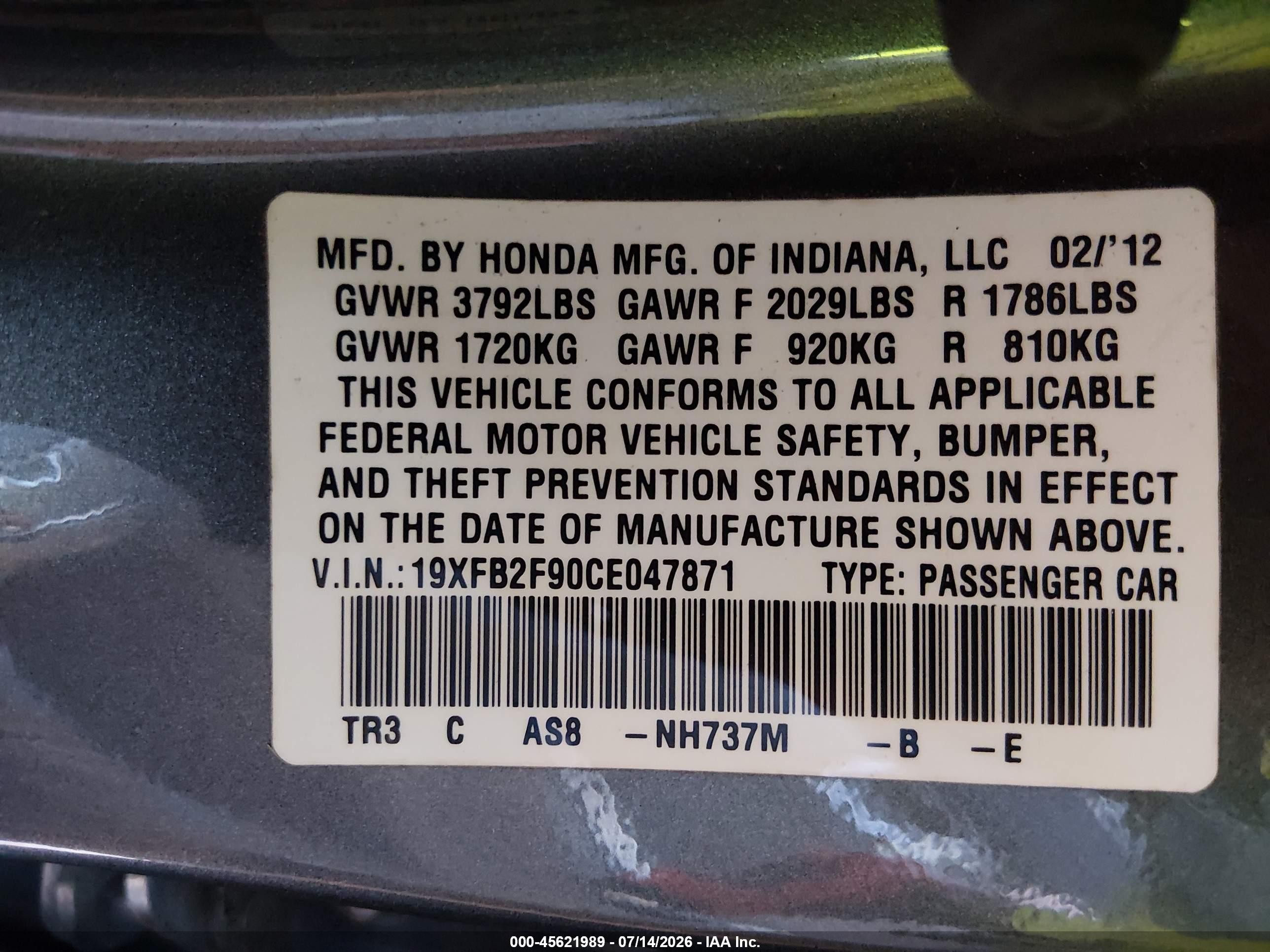 2012 Honda Civic Ex-l Gray vin: 19XFB2F90CE047871