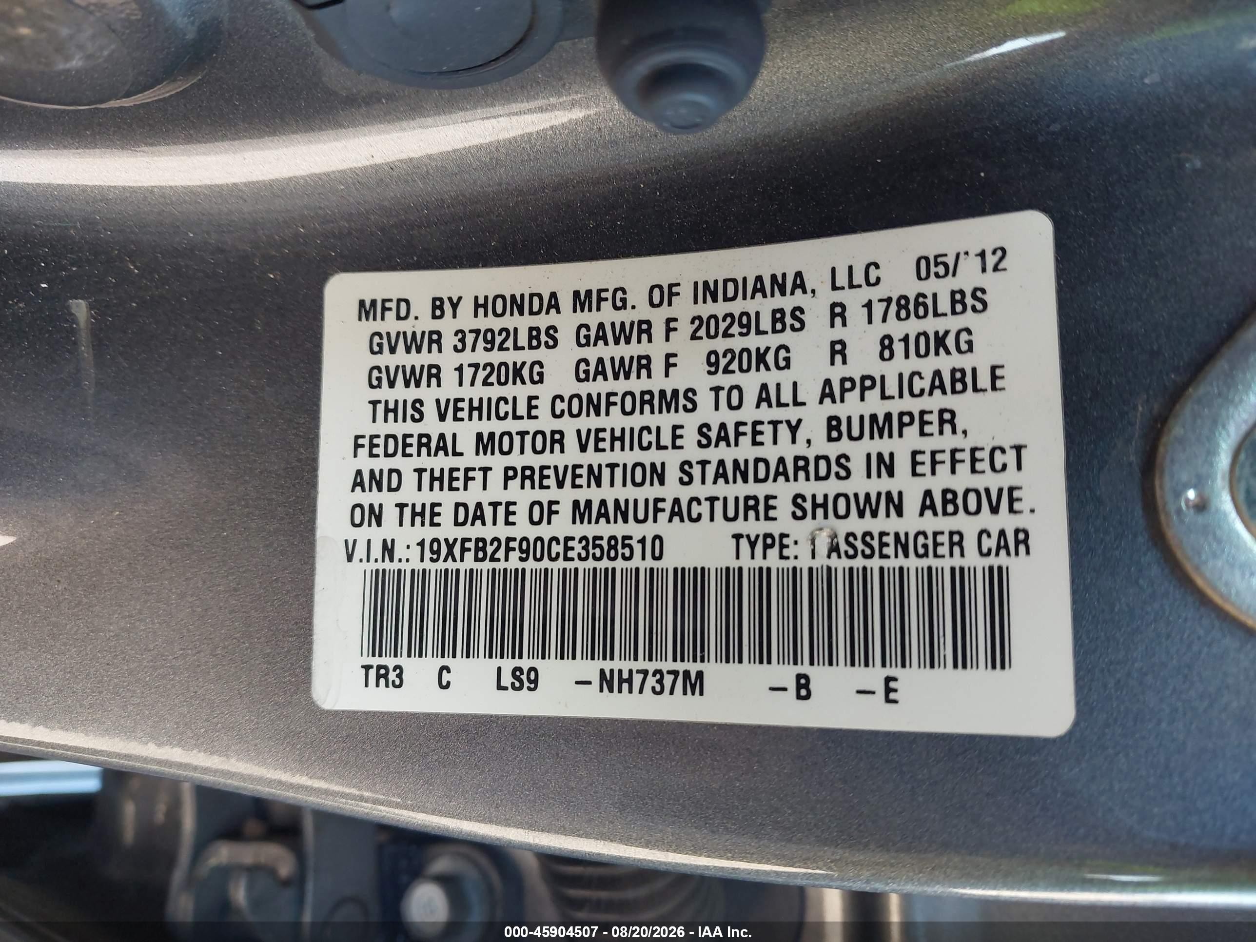 2012 Honda Civic Ex-l Gray vin: 19XFB2F90CE358510