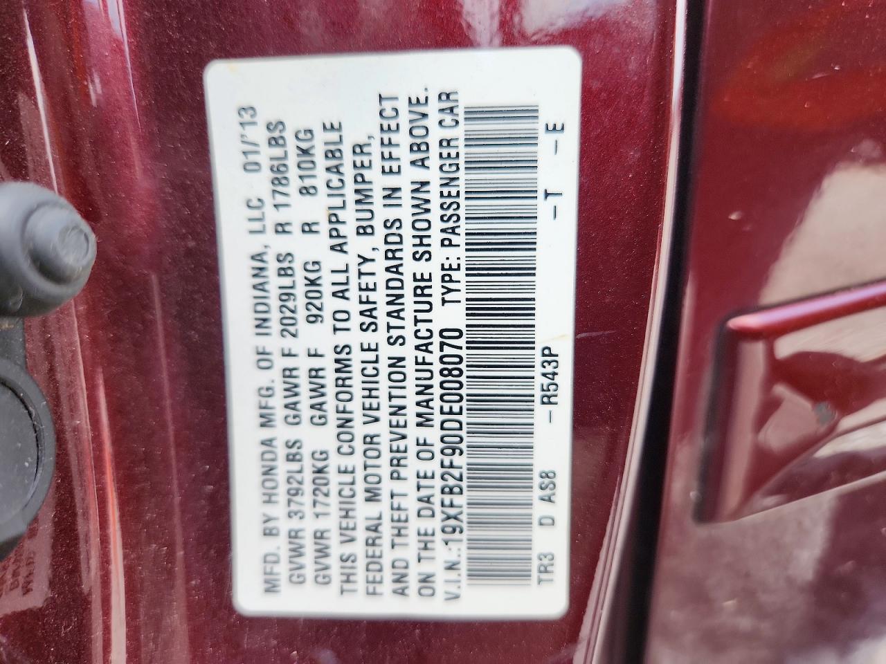 2013 Honda Civic Exl Burgundy vin: 19XFB2F90DE008070