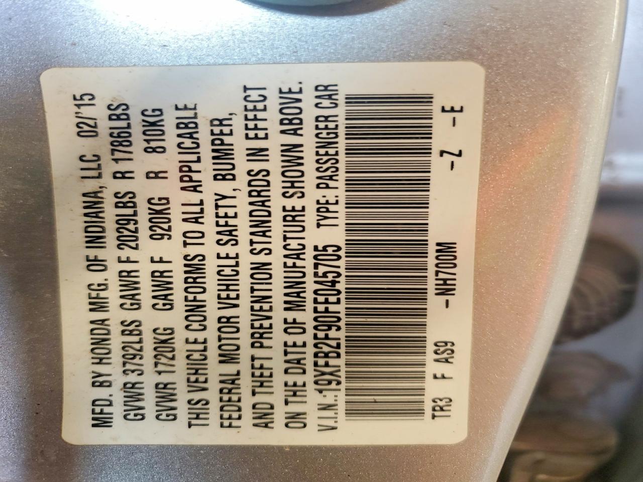 2015 Honda Civic Exl Silver vin: 19XFB2F90FE045705