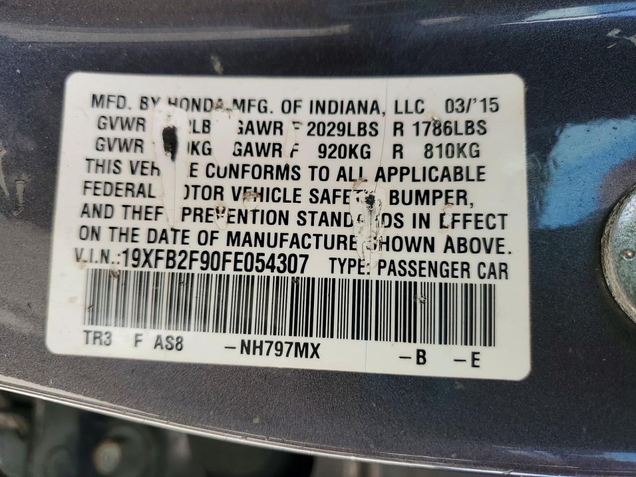 2015 Honda Civic Exl Gray vin: 19XFB2F90FE054307