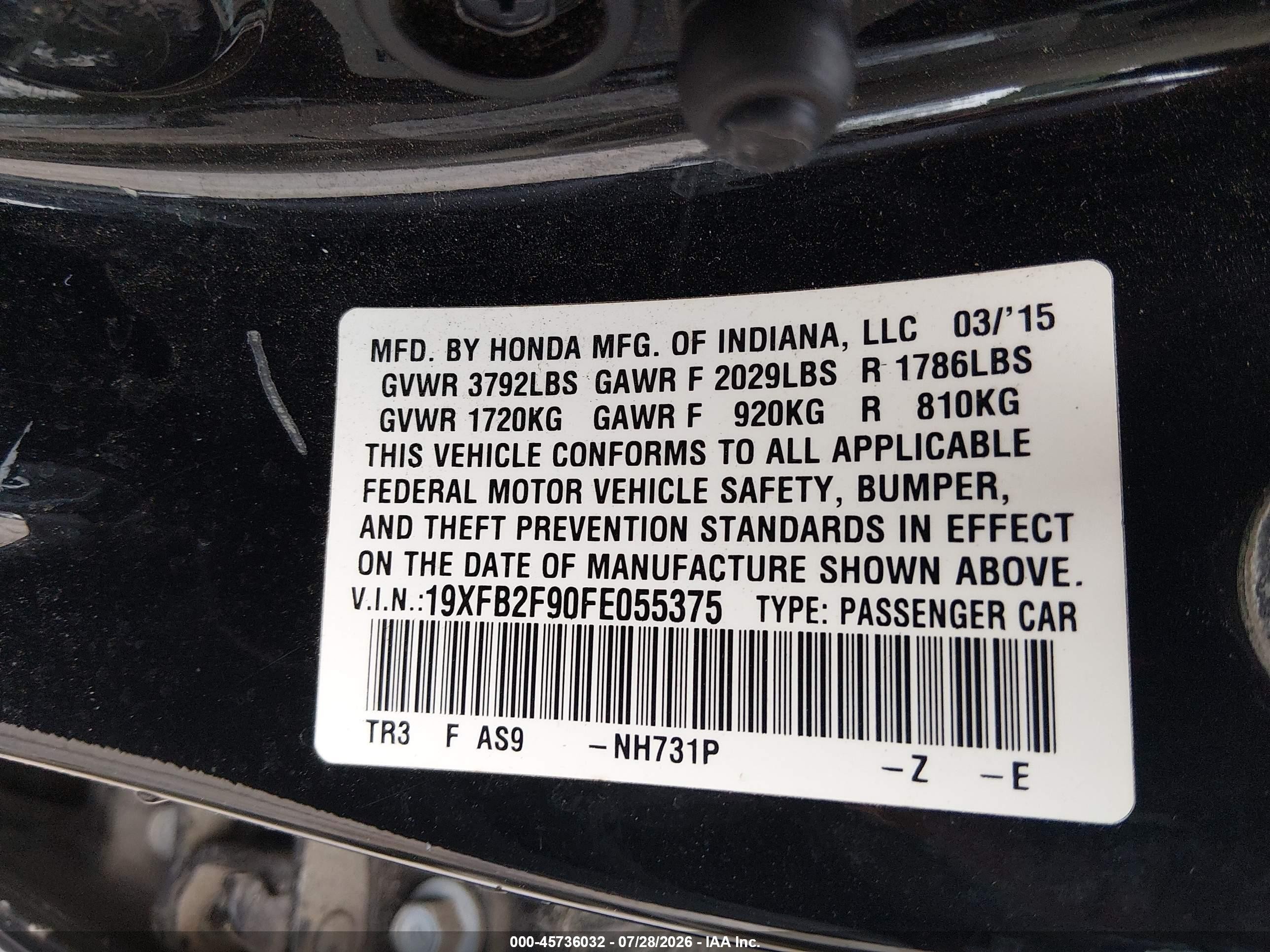 2015 Honda Civic Ex-l Black vin: 19XFB2F90FE055375