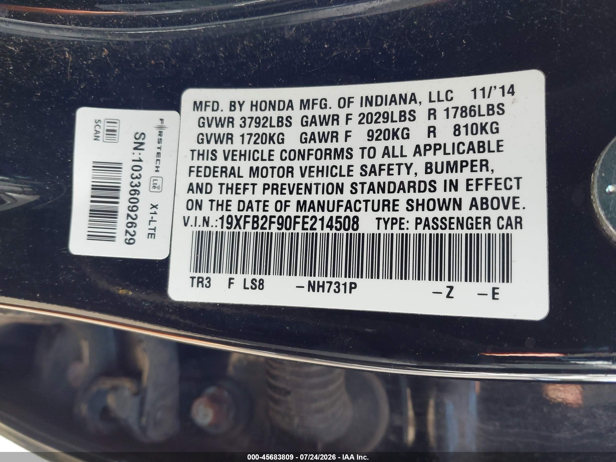 2015 Honda Civic Ex-l Black vin: 19XFB2F90FE214508