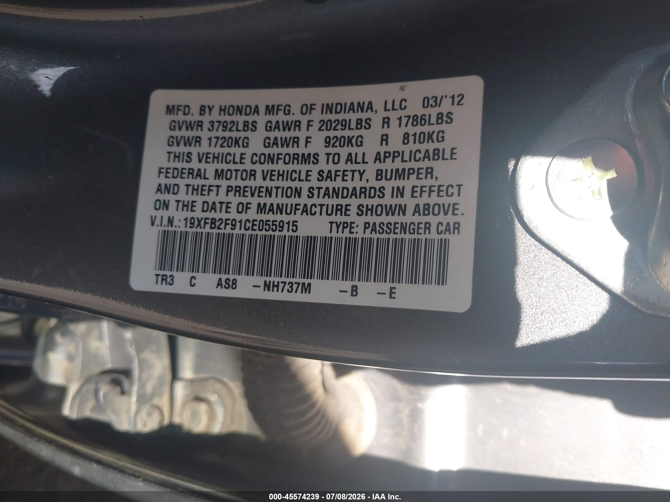 2012 Honda Civic Ex-l Gray vin: 19XFB2F91CE055915
