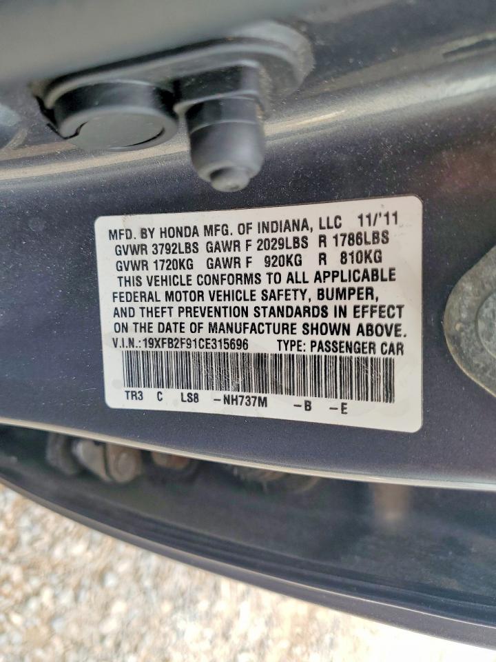 2012 Honda Civic Exl Gray vin: 19XFB2F91CE315696